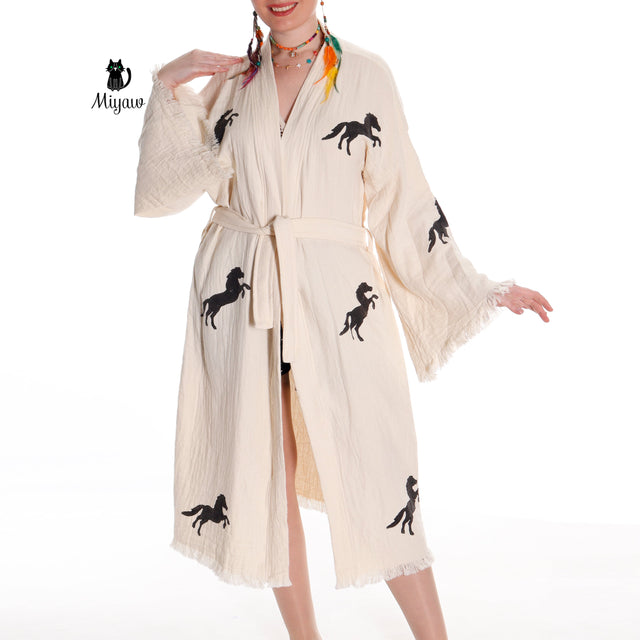 Organic Cotton Boho Beach Kimono Robe | Black Horse Stamp Design - Miyawfashion