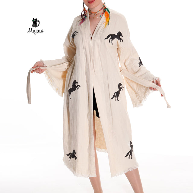 Organic Cotton Boho Beach Kimono Robe | Black Horse Stamp Design - Miyawfashion