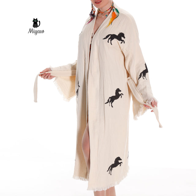 Organic Cotton Boho Beach Kimono Robe | Black Horse Stamp Design - Miyawfashion