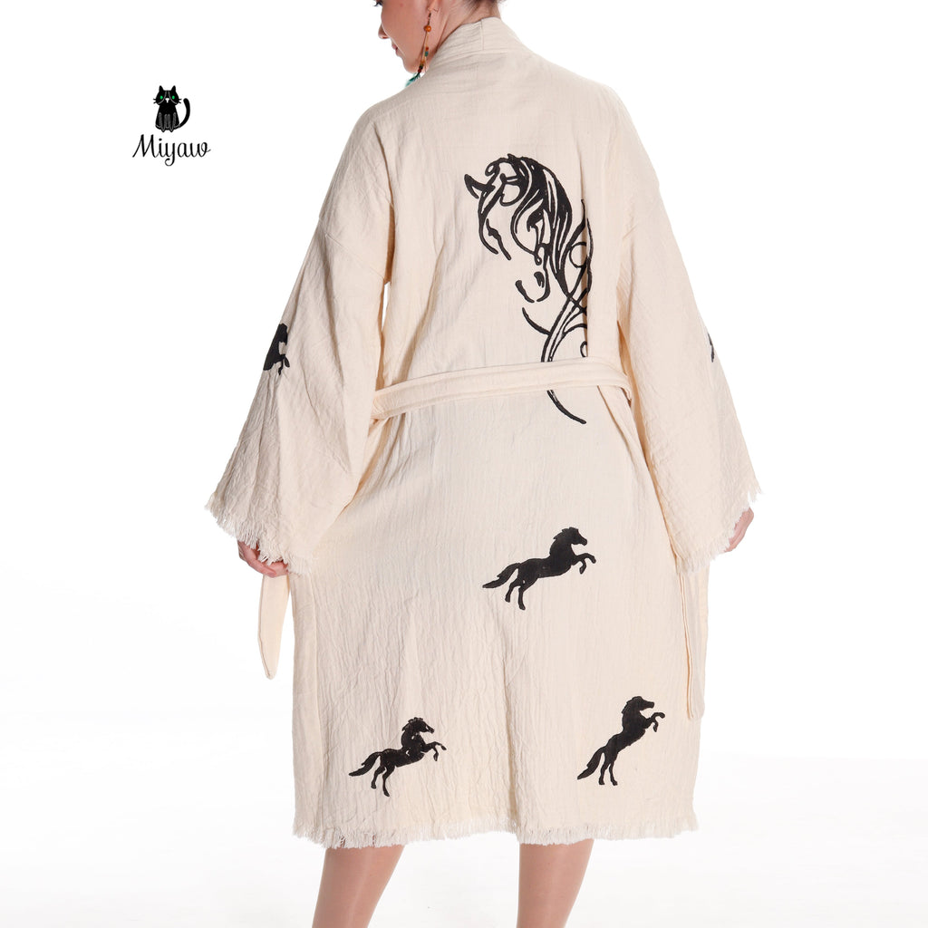 Organic Cotton Boho Beach Kimono Robe | Black Horse Stamp Design - Miyawfashion