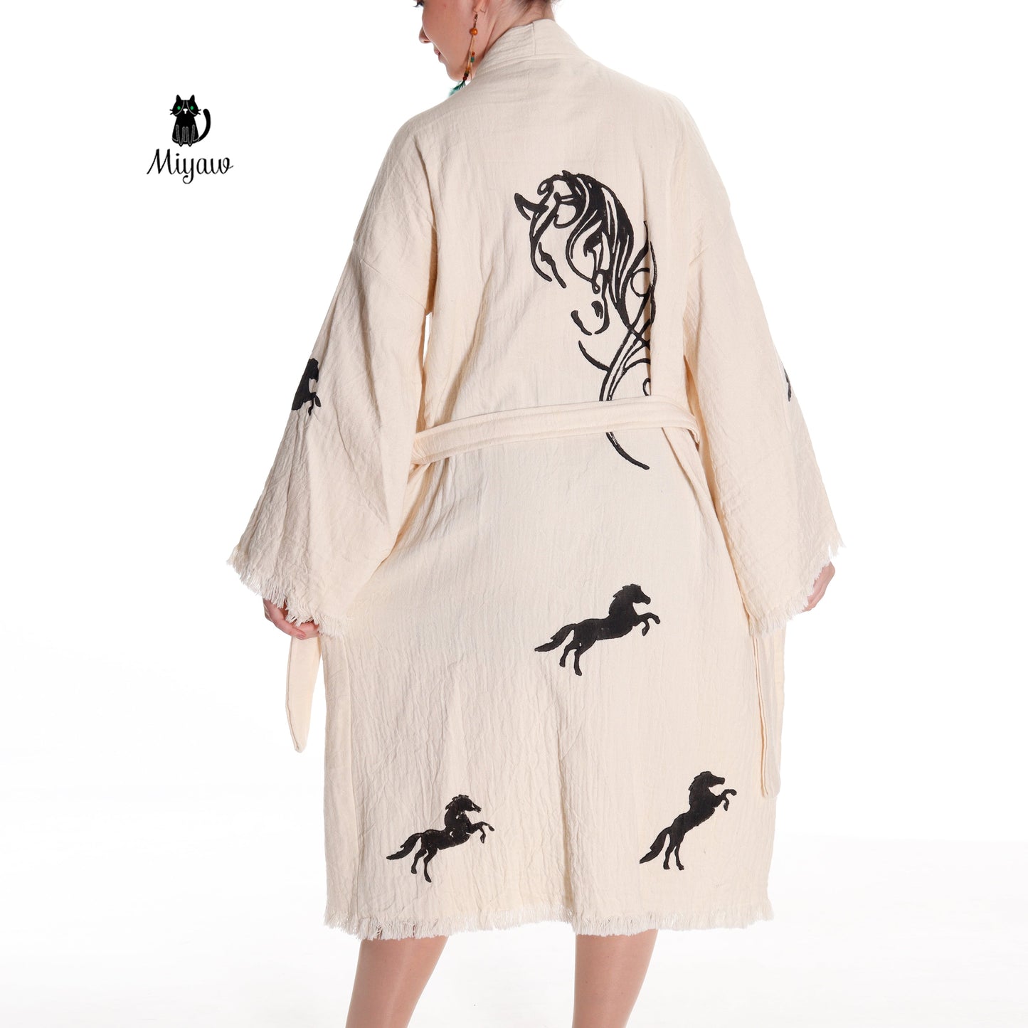 Organic Cotton Boho Beach Kimono Robe | Black Horse Stamp Design - Miyawfashion Miyawfashion