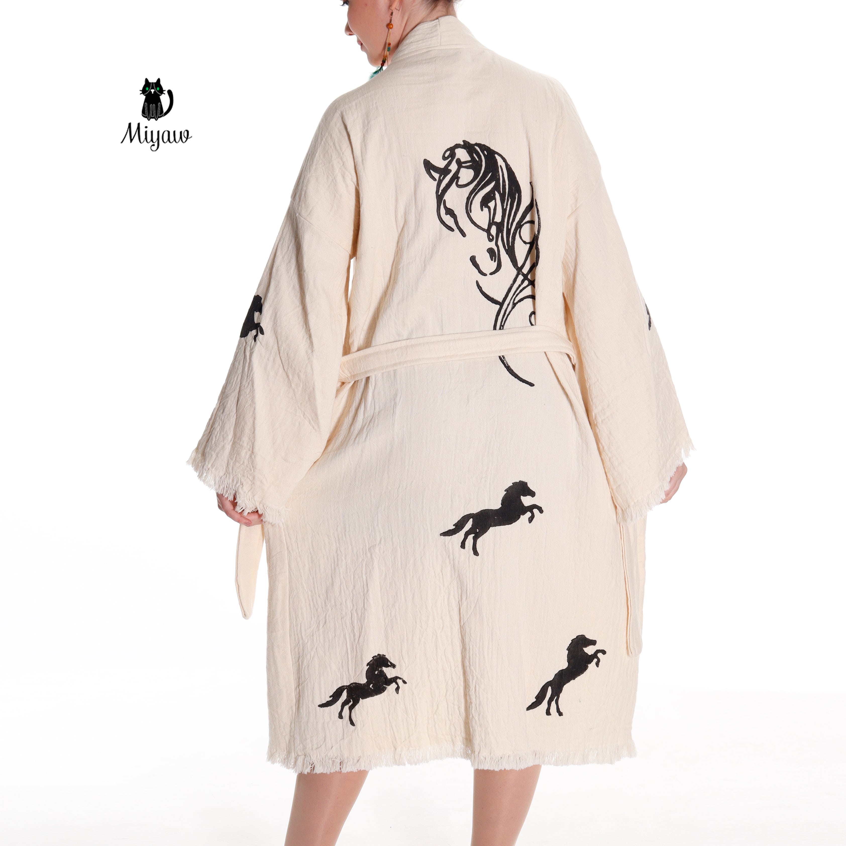 Organic Cotton Boho Beach Kimono Robe | Black Horse Stamp Design - Miyawfashion