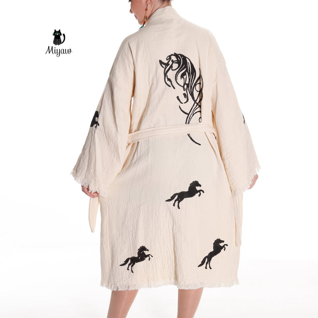 Organic Cotton Boho Beach Kimono Robe | Black Horse Stamp Design - Miyawfashion