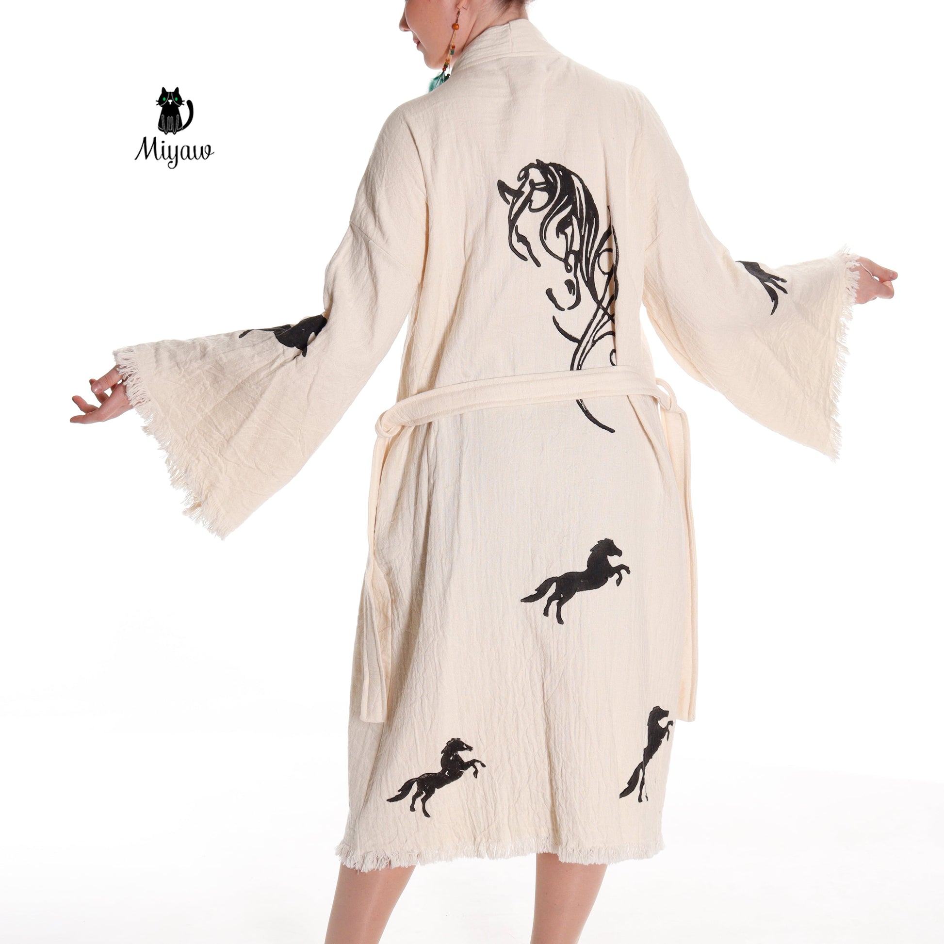 Organic Cotton Boho Beach Kimono Robe | Black Horse Stamp Design - Miyawfashion