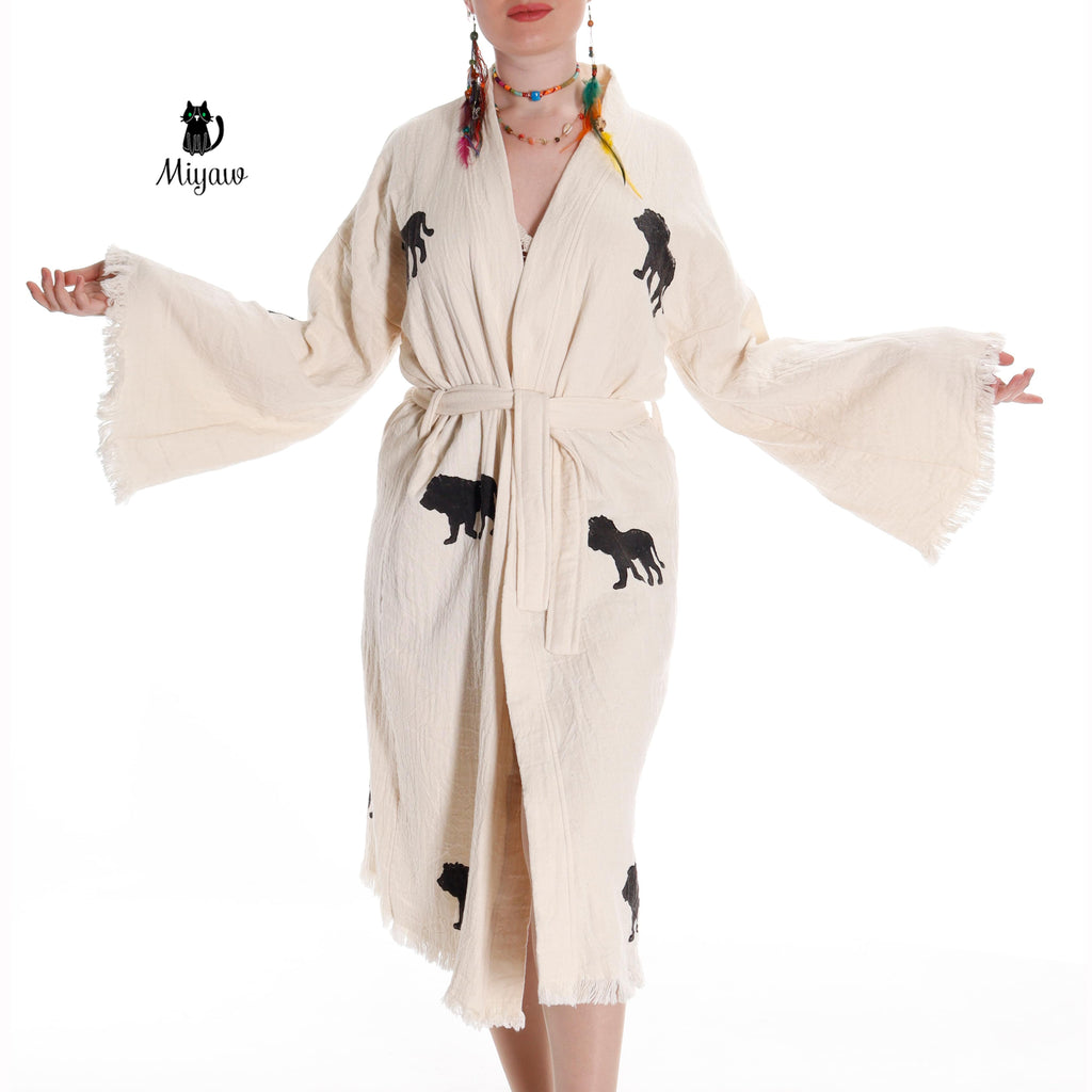 Boho Lion Stamped Beach Kimono Robe - Handcrafted Bohemian Cover-Up - Miyawfashion