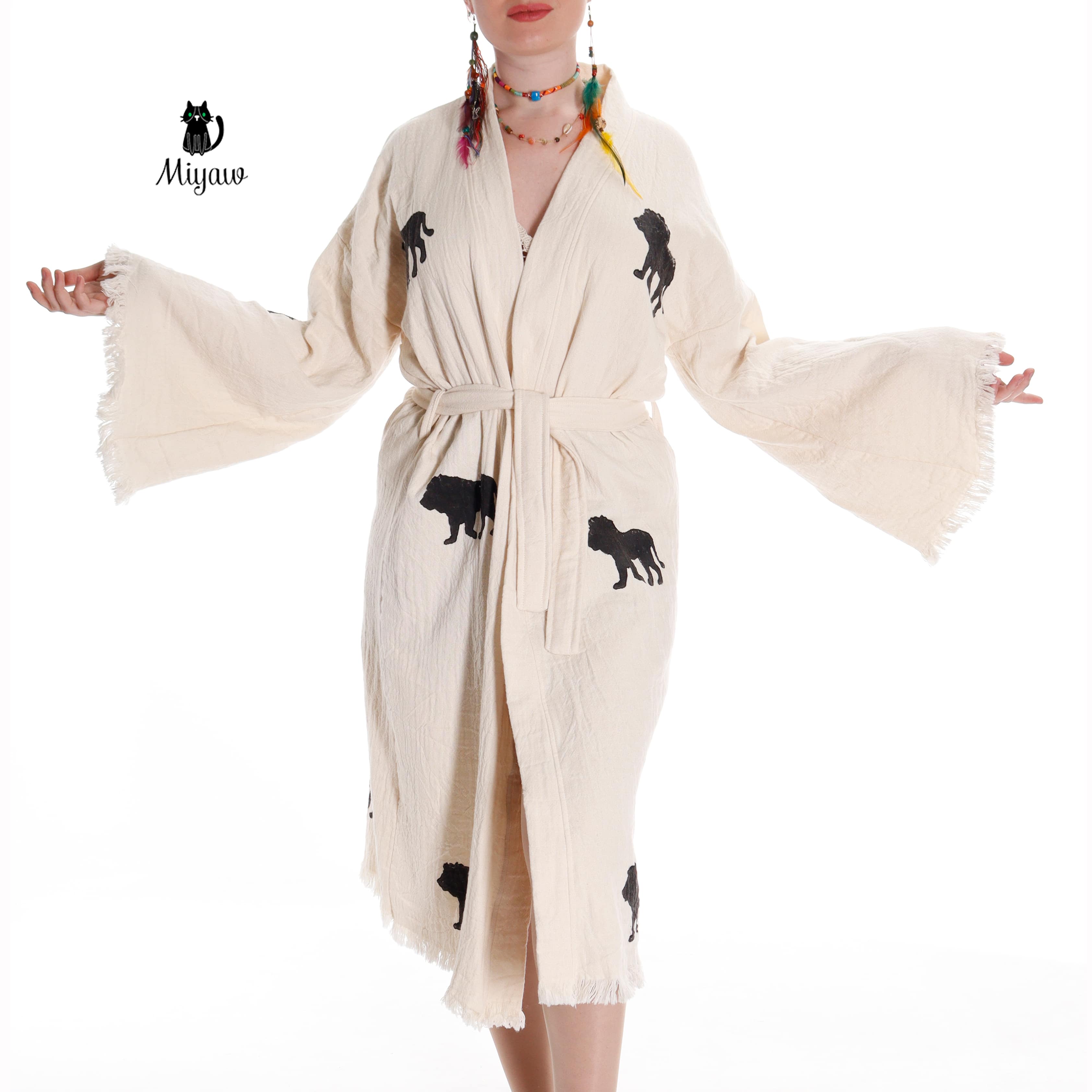 Boho Lion Stamped Beach Kimono Robe - Handcrafted Bohemian Cover-Up - Miyawfashion