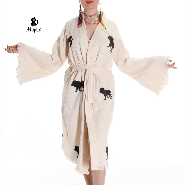 Boho Lion Stamped Beach Kimono Robe - Handcrafted Bohemian Cover-Up - Miyawfashion