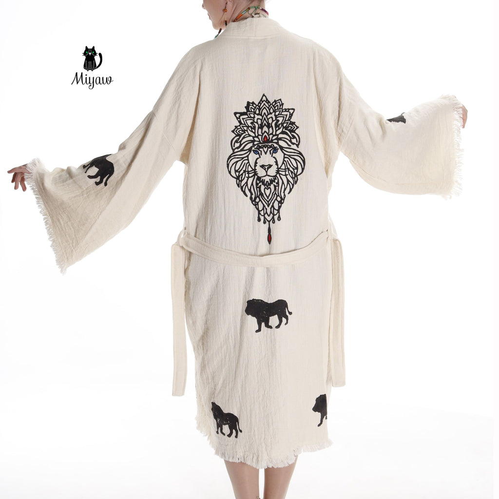 Boho Lion Stamped Beach Kimono Robe - Handcrafted Bohemian Cover-Up - Miyawfashion