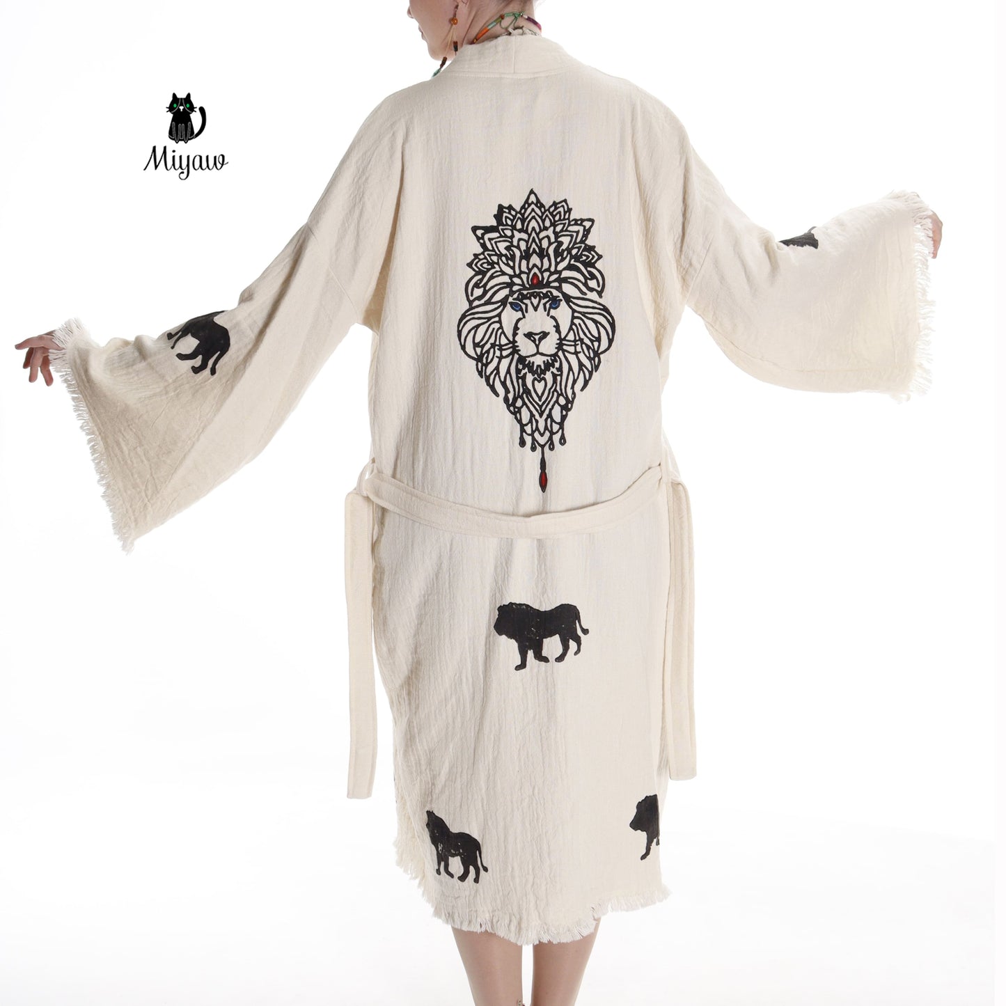 Boho Lion Stamped Beach Kimono Robe - Handcrafted Bohemian Cover-Up - Miyawfashion Miyawfashion