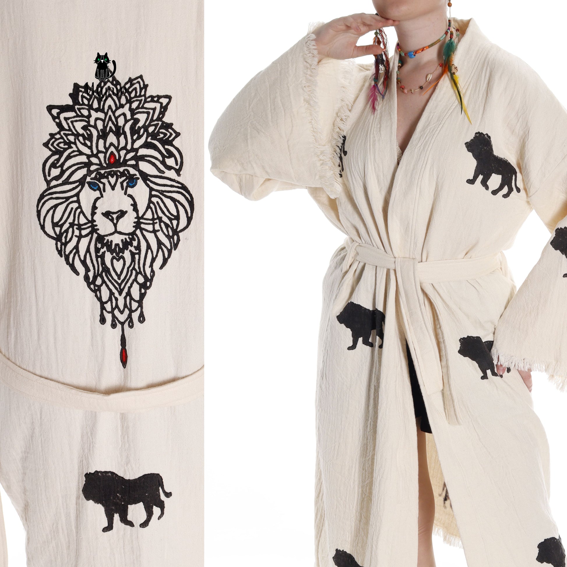 Boho Lion Stamped Beach Kimono Robe - Handcrafted Bohemian Cover-Up - Miyawfashion