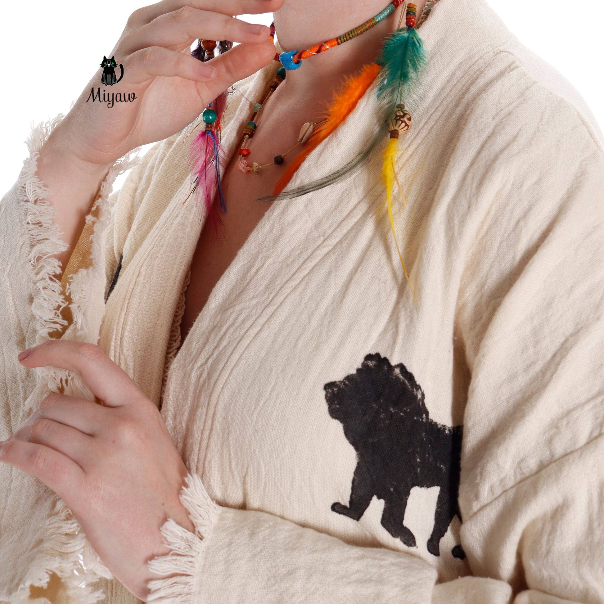 Boho Lion Stamped Beach Kimono Robe - Handcrafted Bohemian Cover-Up - Miyawfashion