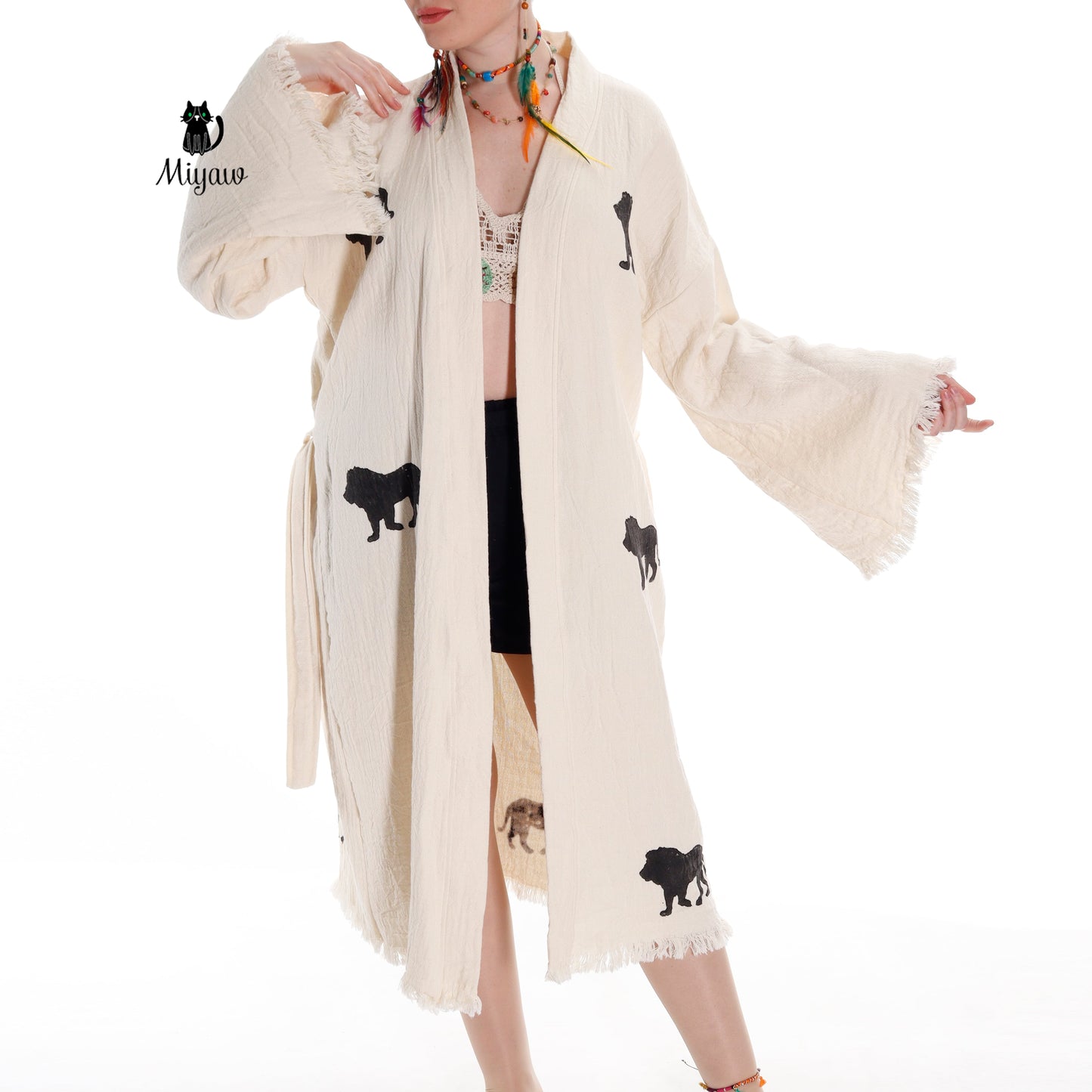 Boho Lion Stamped Beach Kimono Robe - Handcrafted Bohemian Cover-Up - Miyawfashion Miyawfashion