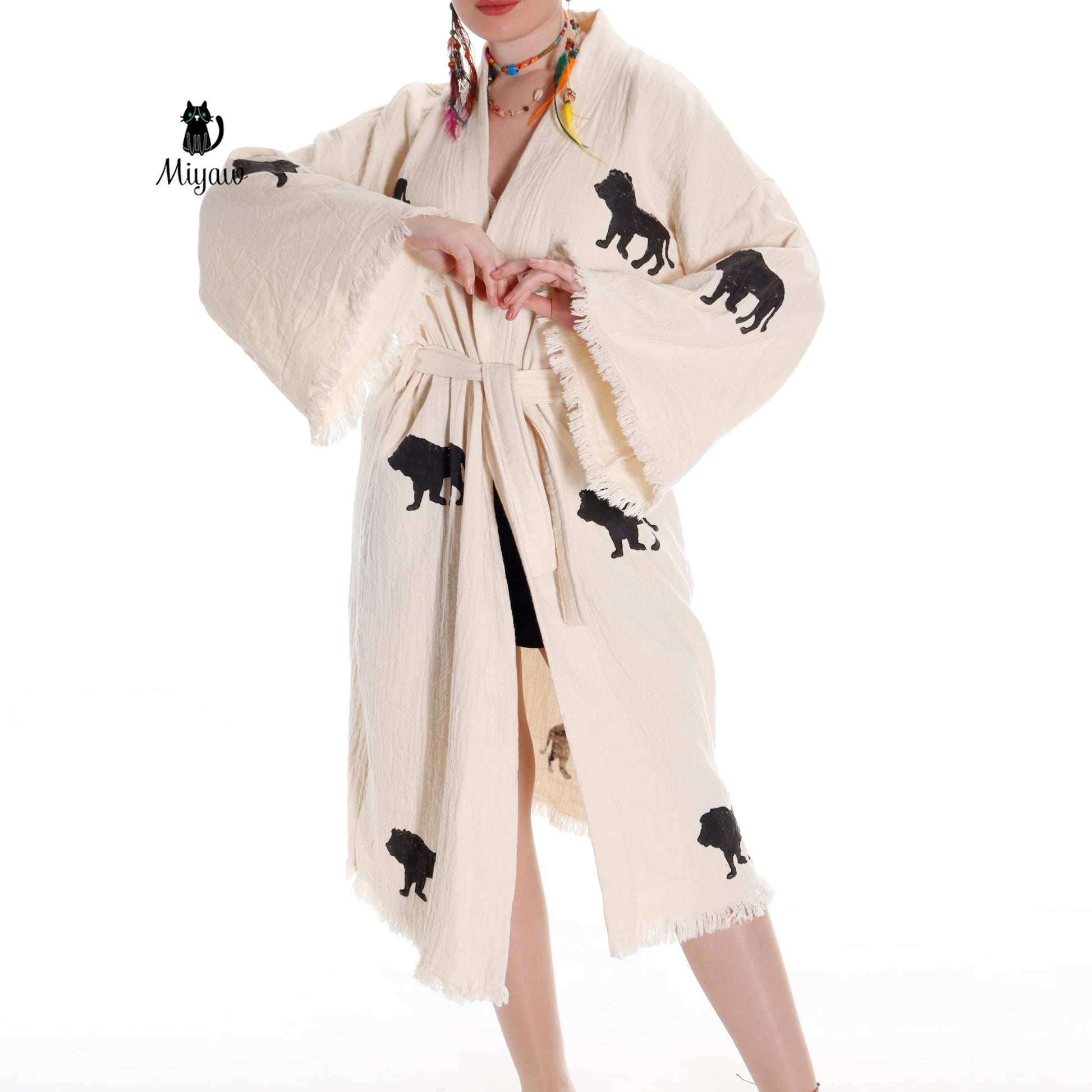 Boho Lion Stamped Beach Kimono Robe - Handcrafted Bohemian Cover-Up - Miyawfashion