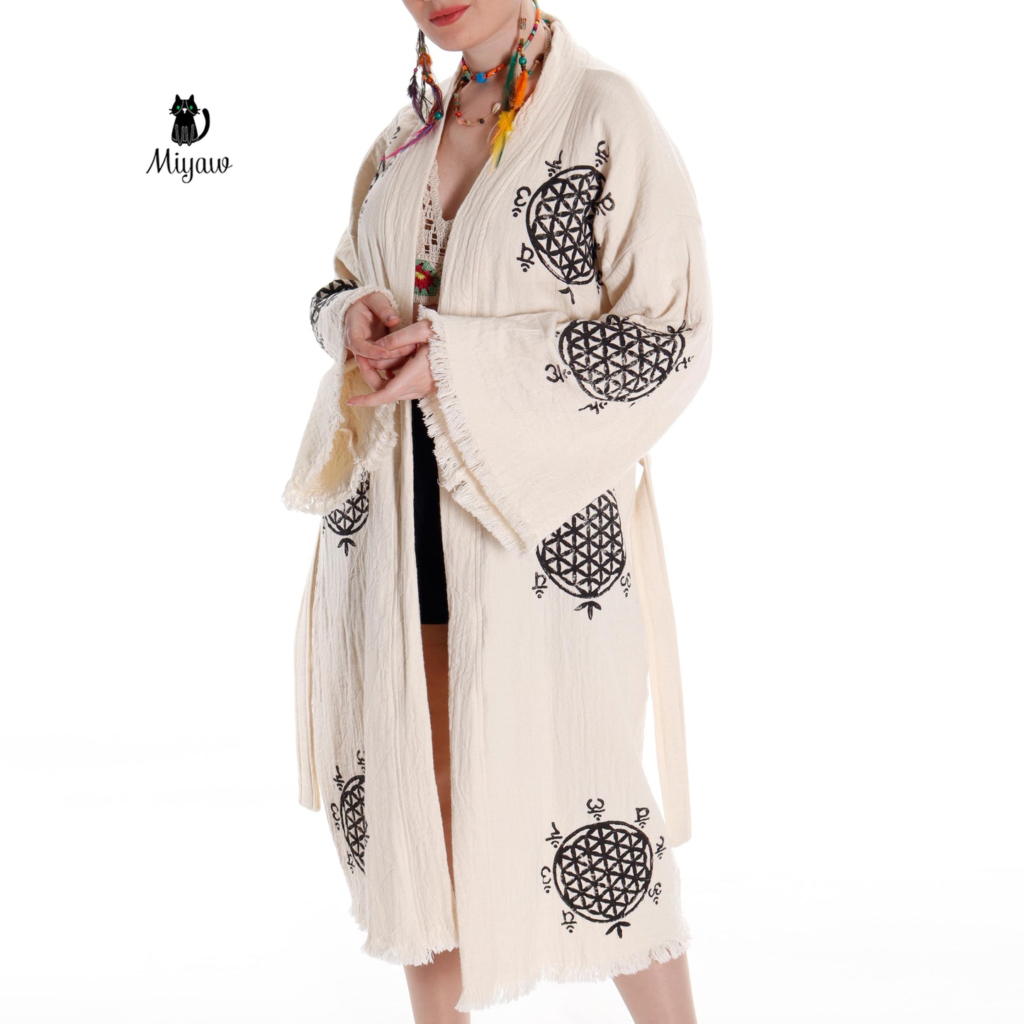 Boho Flower of Life Print Beach Kimono Robe // Handcrafted Organic Cotton Cover-Up - Miyawfashion Miyawfashion