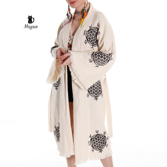 Boho Flower of Life Print Beach Kimono Robe // Handcrafted Organic Cotton Cover-Up - Miyawfashion