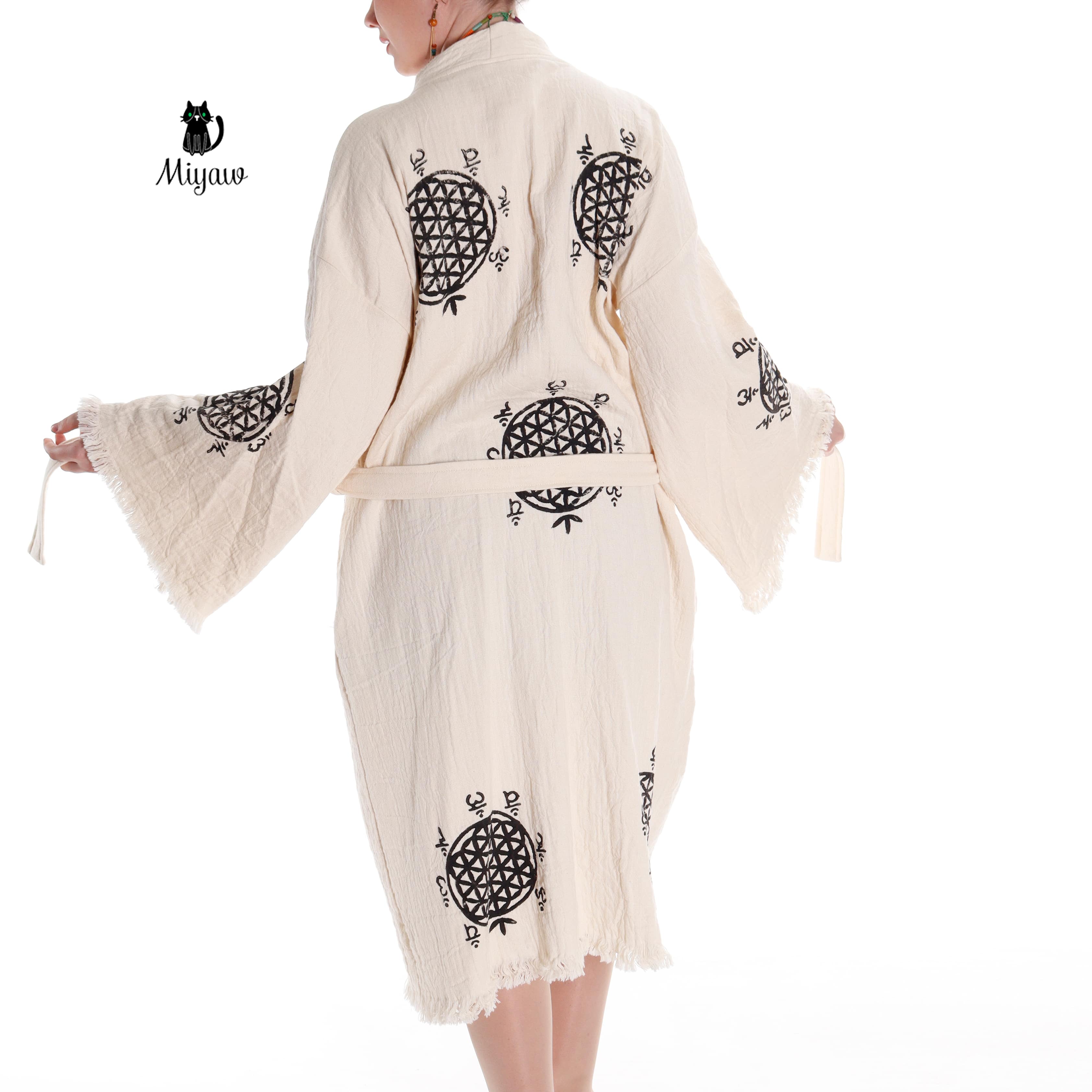 Boho Flower of Life Print Beach Kimono Robe // Handcrafted Organic Cotton Cover-Up - Miyawfashion
