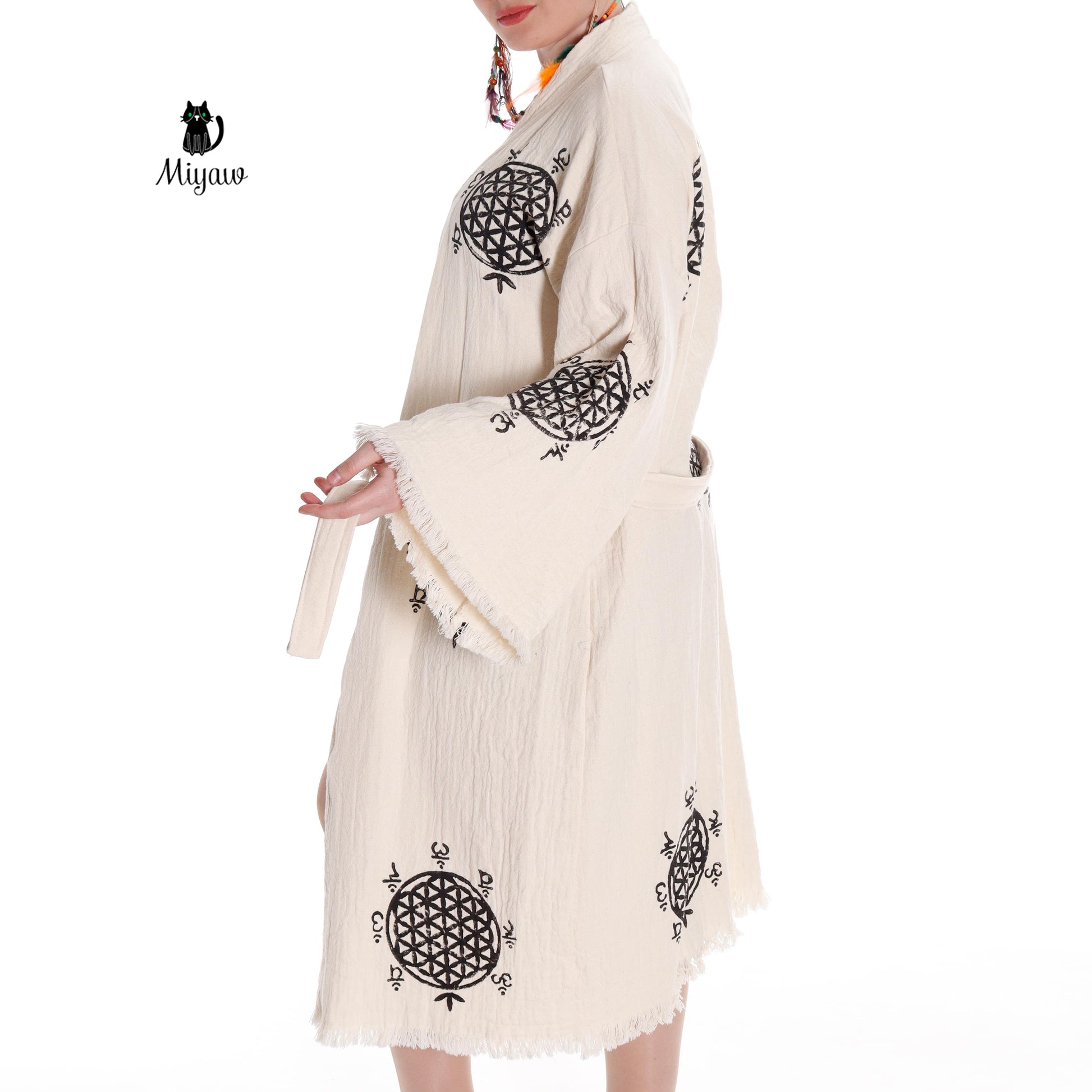 Boho Flower of Life Print Beach Kimono Robe // Handcrafted Organic Cotton Cover-Up - Miyawfashion