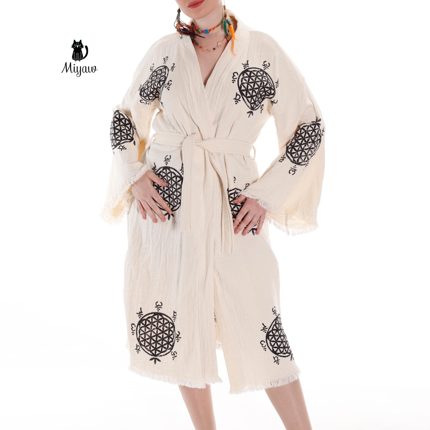 Boho Flower of Life Print Beach Kimono Robe // Handcrafted Organic Cotton Cover-Up - Miyawfashion Miyawfashion