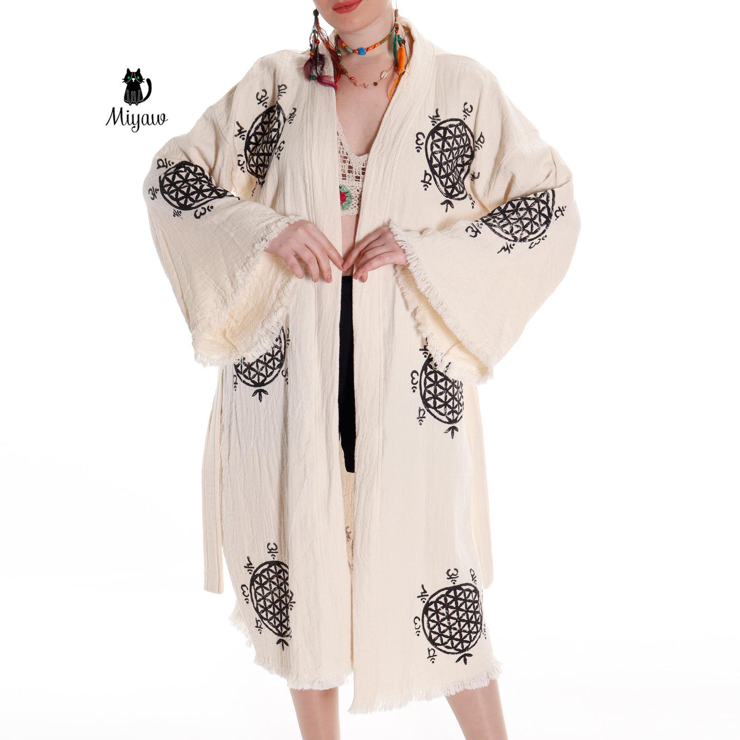 Boho Flower of Life Print Beach Kimono Robe // Handcrafted Organic Cotton Cover-Up - Miyawfashion Miyawfashion