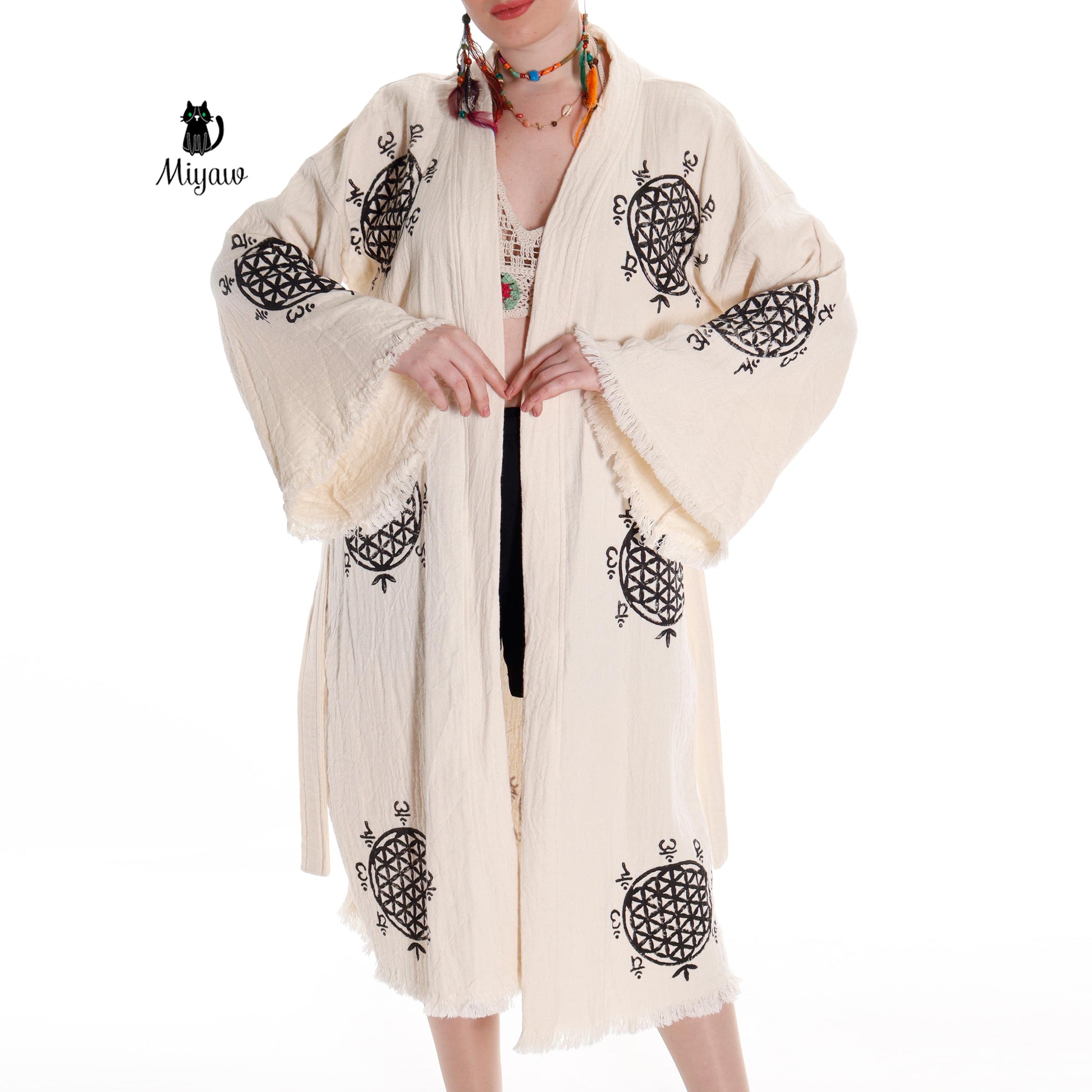 Boho Flower of Life Print Beach Kimono Robe // Handcrafted Organic Cotton Cover-Up - Miyawfashion