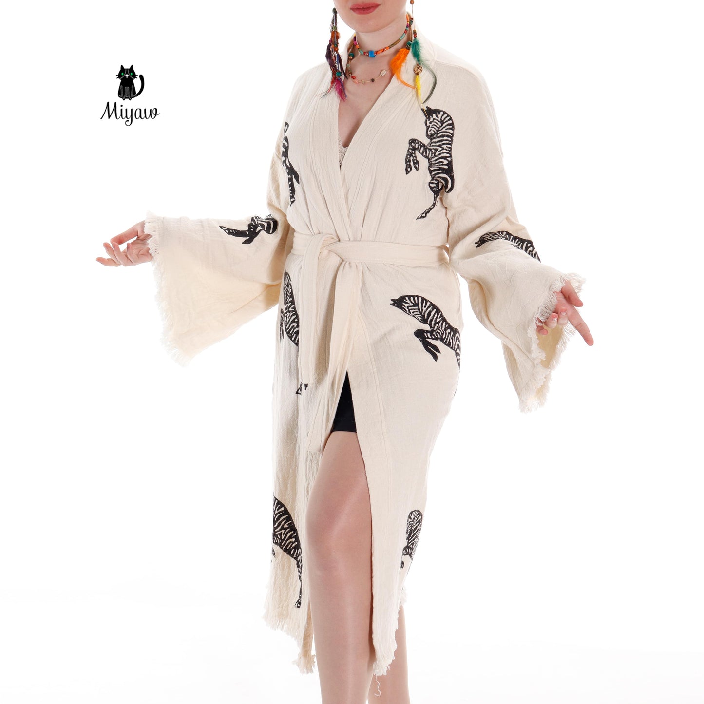 Zebra Stamped Beauty: Handcrafted Long Sleeve Boho Beach Kimono Robe - Miyawfashion Miyawfashion