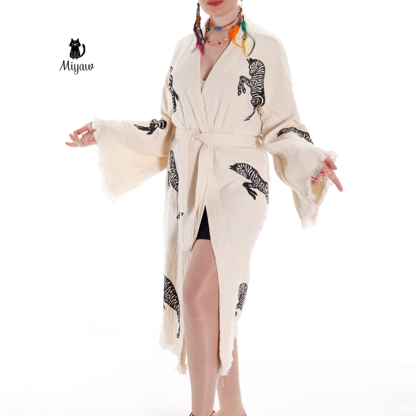 Zebra Stamped Beauty: Handcrafted Long Sleeve Boho Beach Kimono Robe - Miyawfashion Miyawfashion