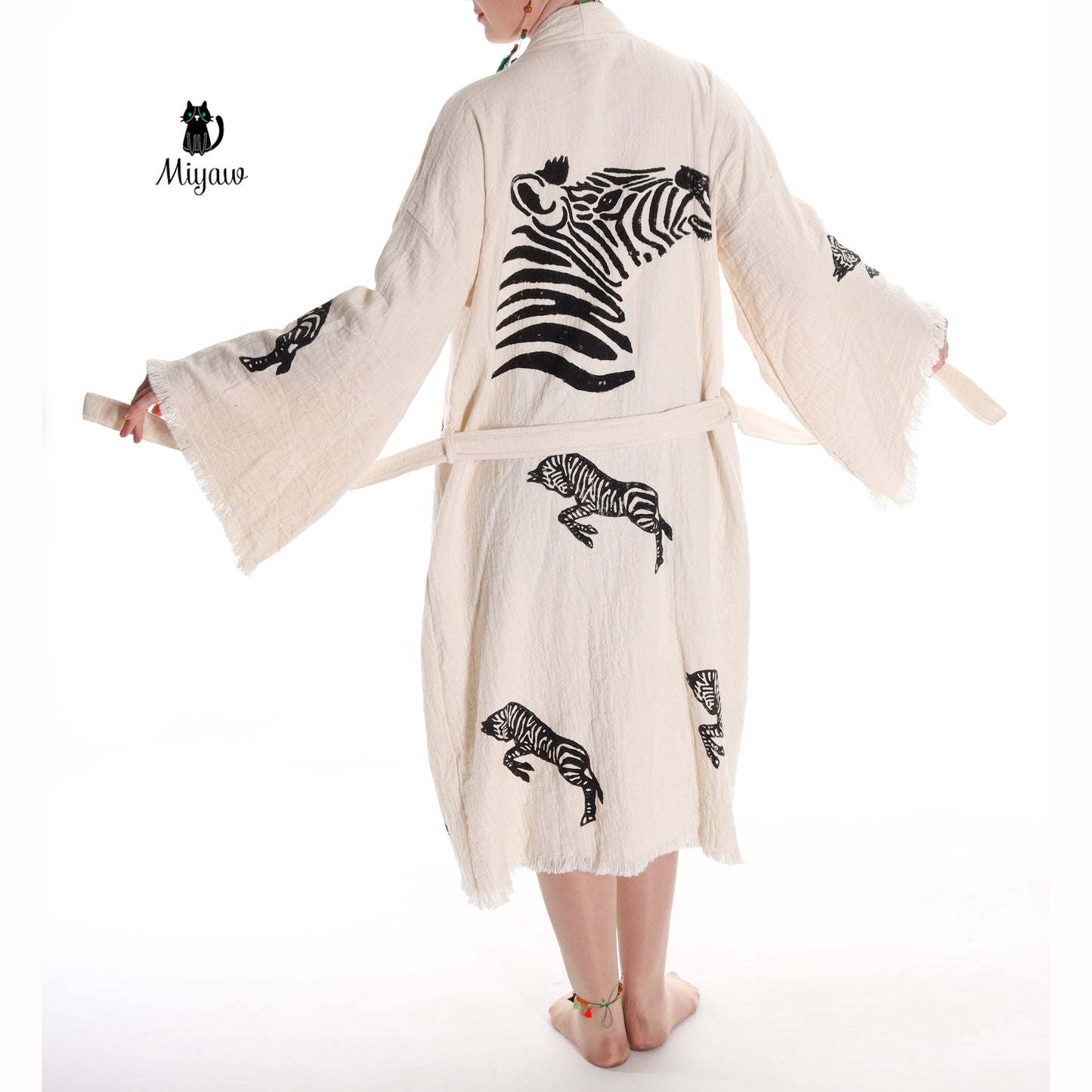 Zebra Stamped Beauty: Handcrafted Long Sleeve Boho Beach Kimono Robe - Miyawfashion Miyawfashion