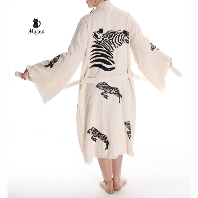 Zebra Stamped Beauty: Handcrafted Long Sleeve Boho Beach Kimono Robe - Miyawfashion