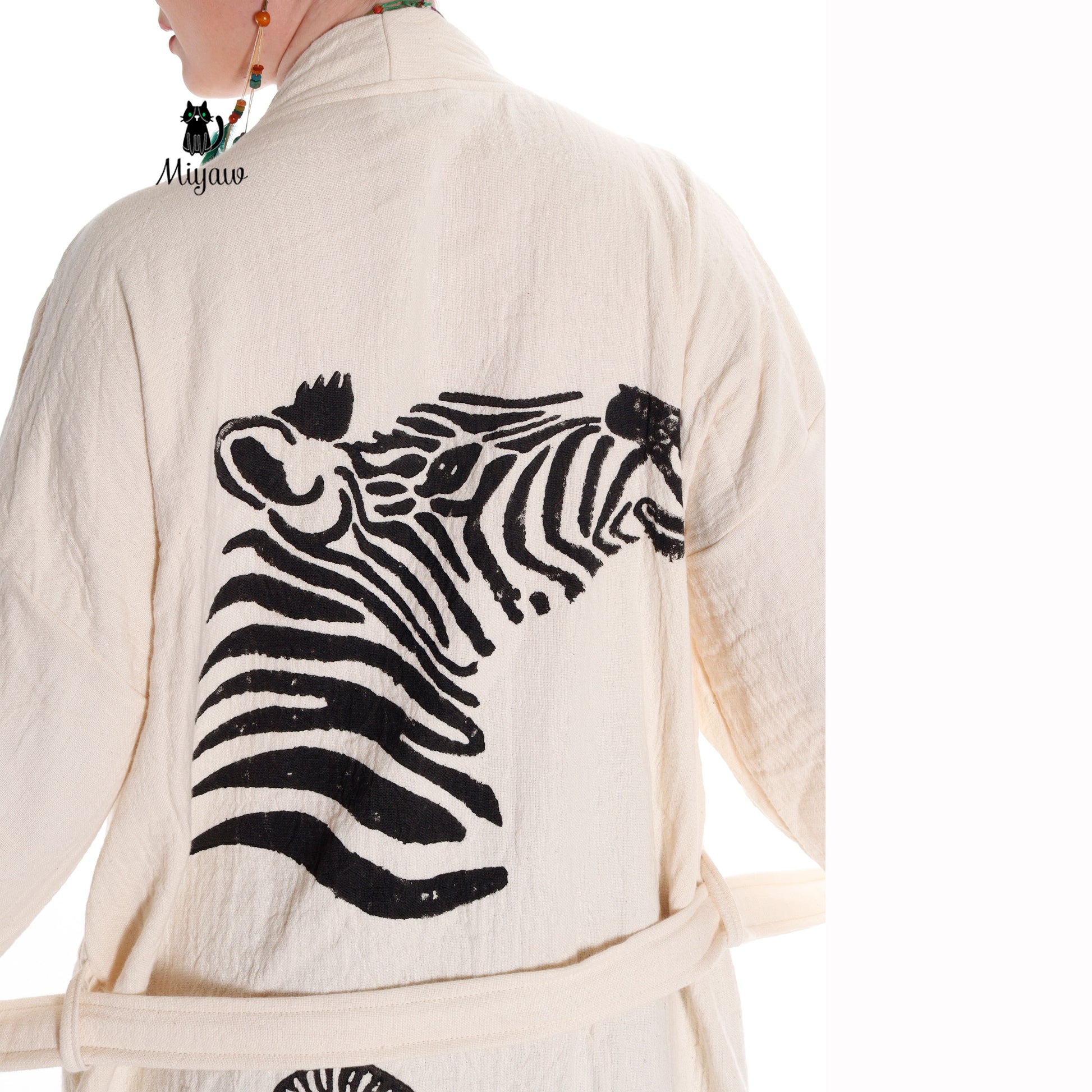 Zebra Stamped Beauty: Handcrafted Long Sleeve Boho Beach Kimono Robe - Miyawfashion