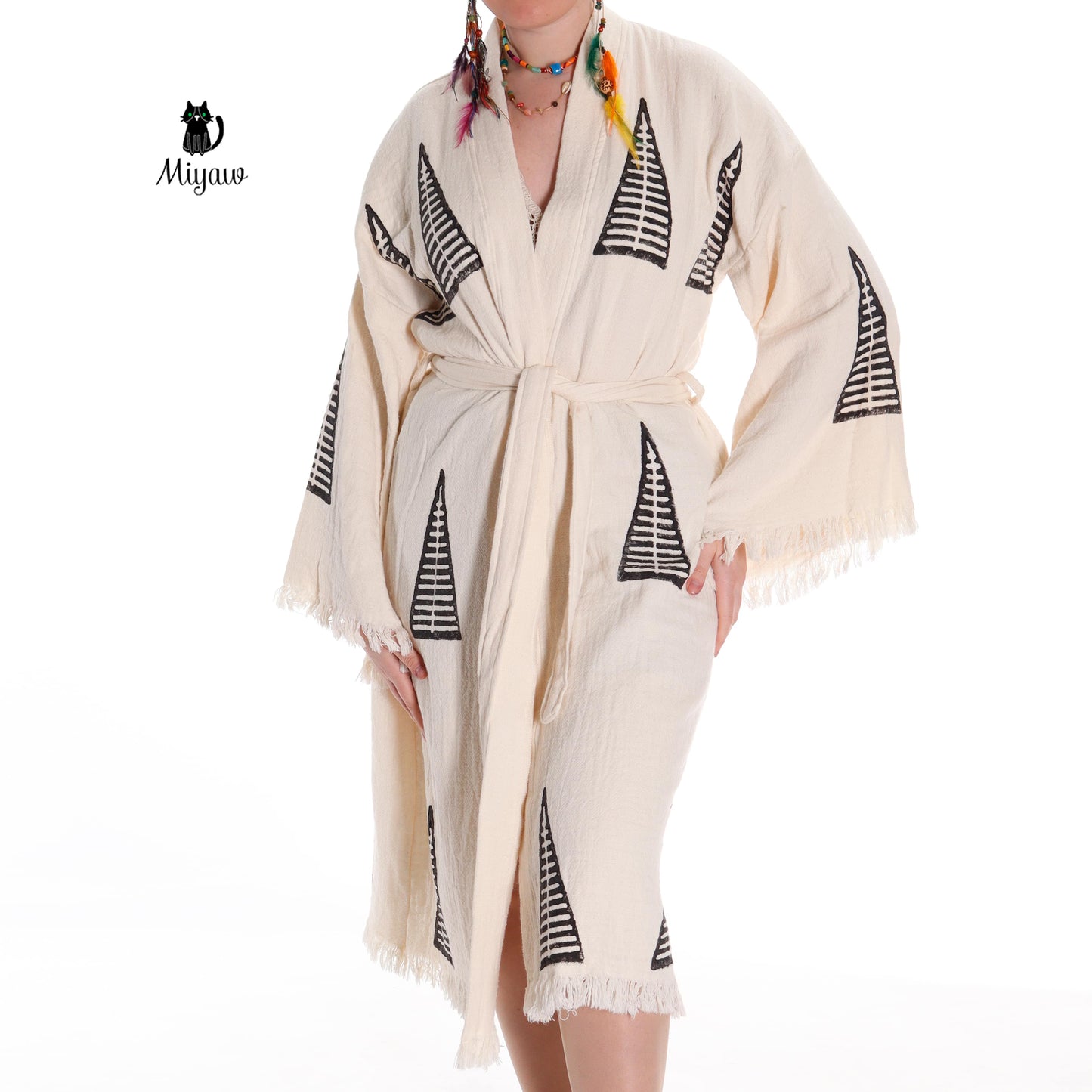 Handcrafted Organic Cotton Boho Beach Kimono Robe with Pyramid Stamp - Miyawfashion Miyawfashion