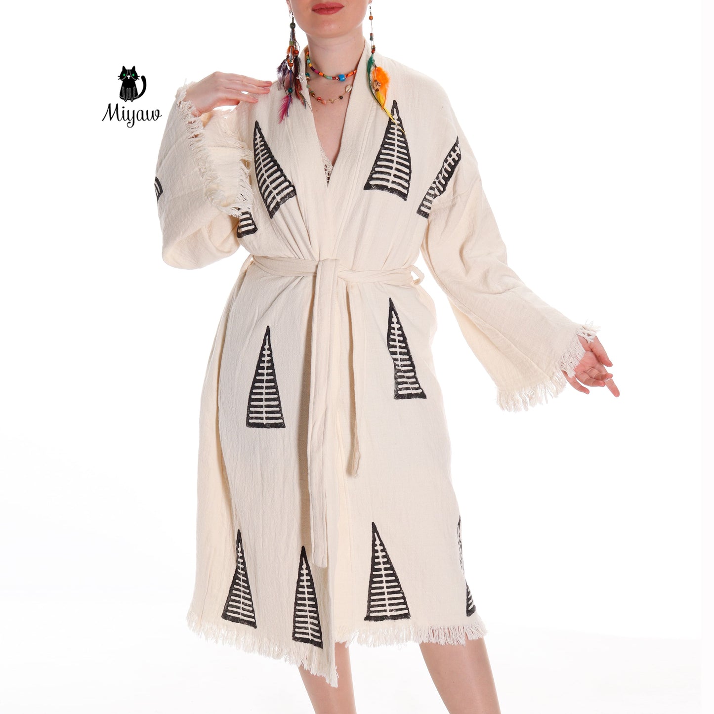 Handcrafted Organic Cotton Boho Beach Kimono Robe with Pyramid Stamp - Miyawfashion Miyawfashion