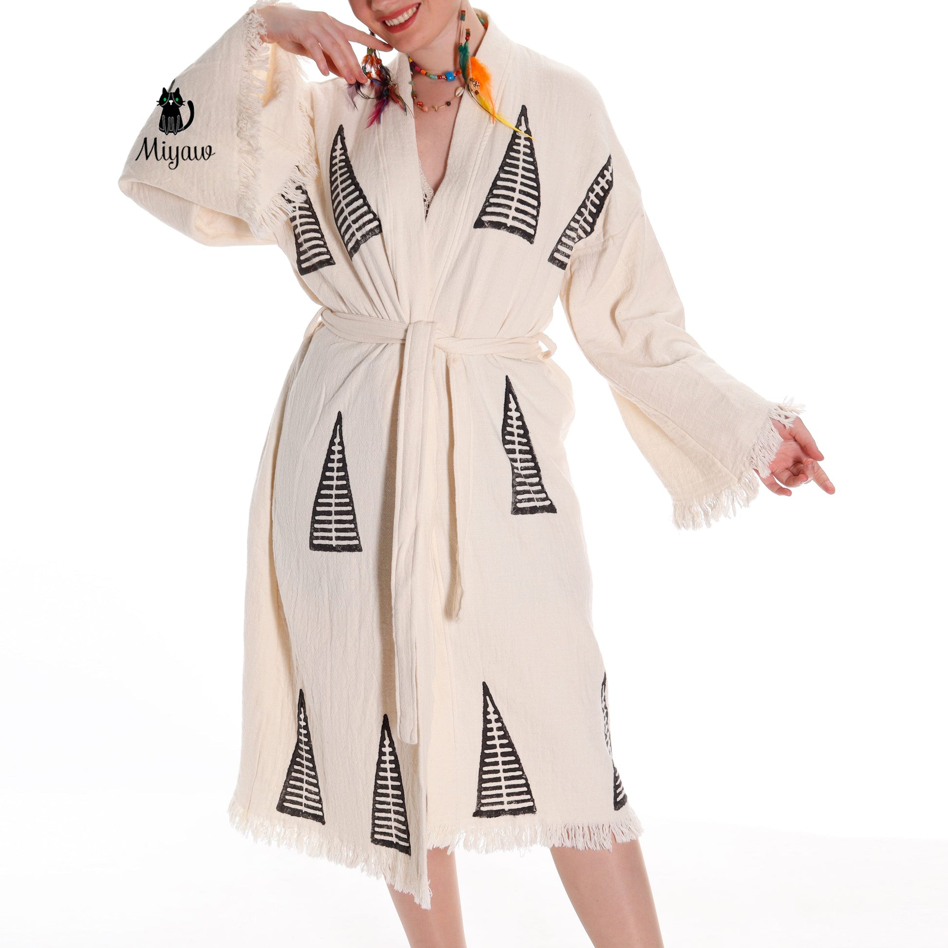 Handcrafted Organic Cotton Boho Beach Kimono Robe with Pyramid Stamp - Miyawfashion