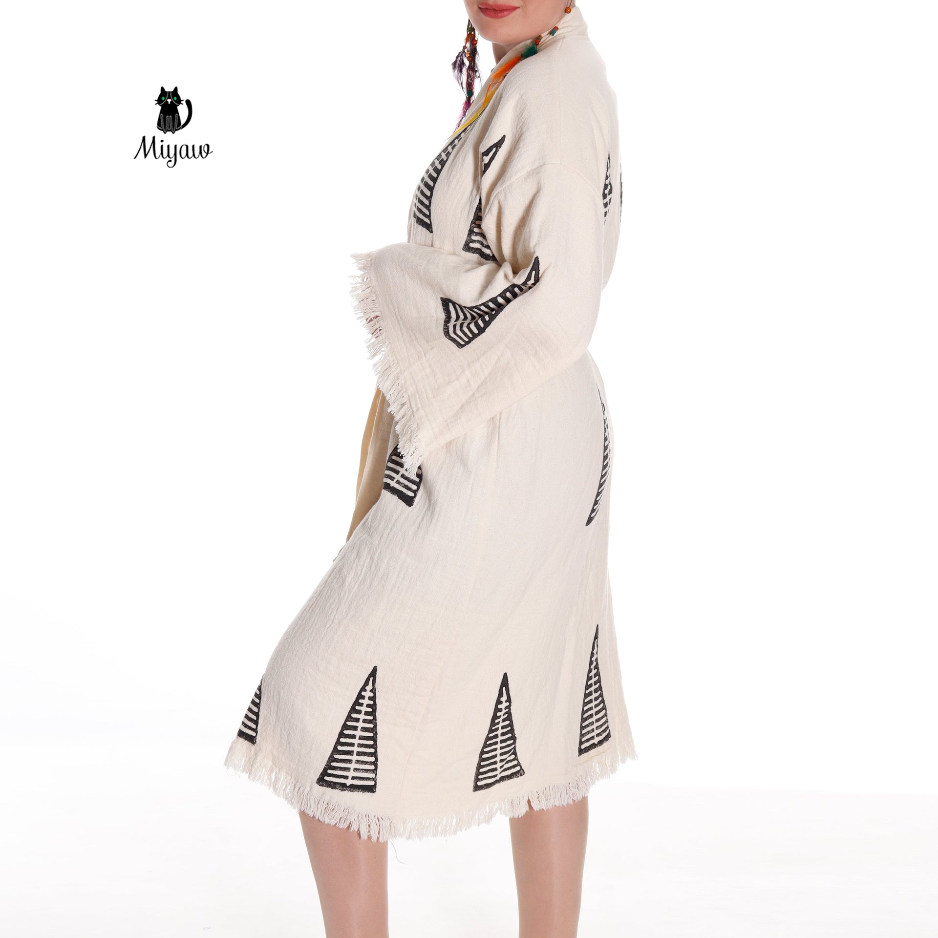 Handcrafted Organic Cotton Boho Beach Kimono Robe with Pyramid Stamp - Miyawfashion