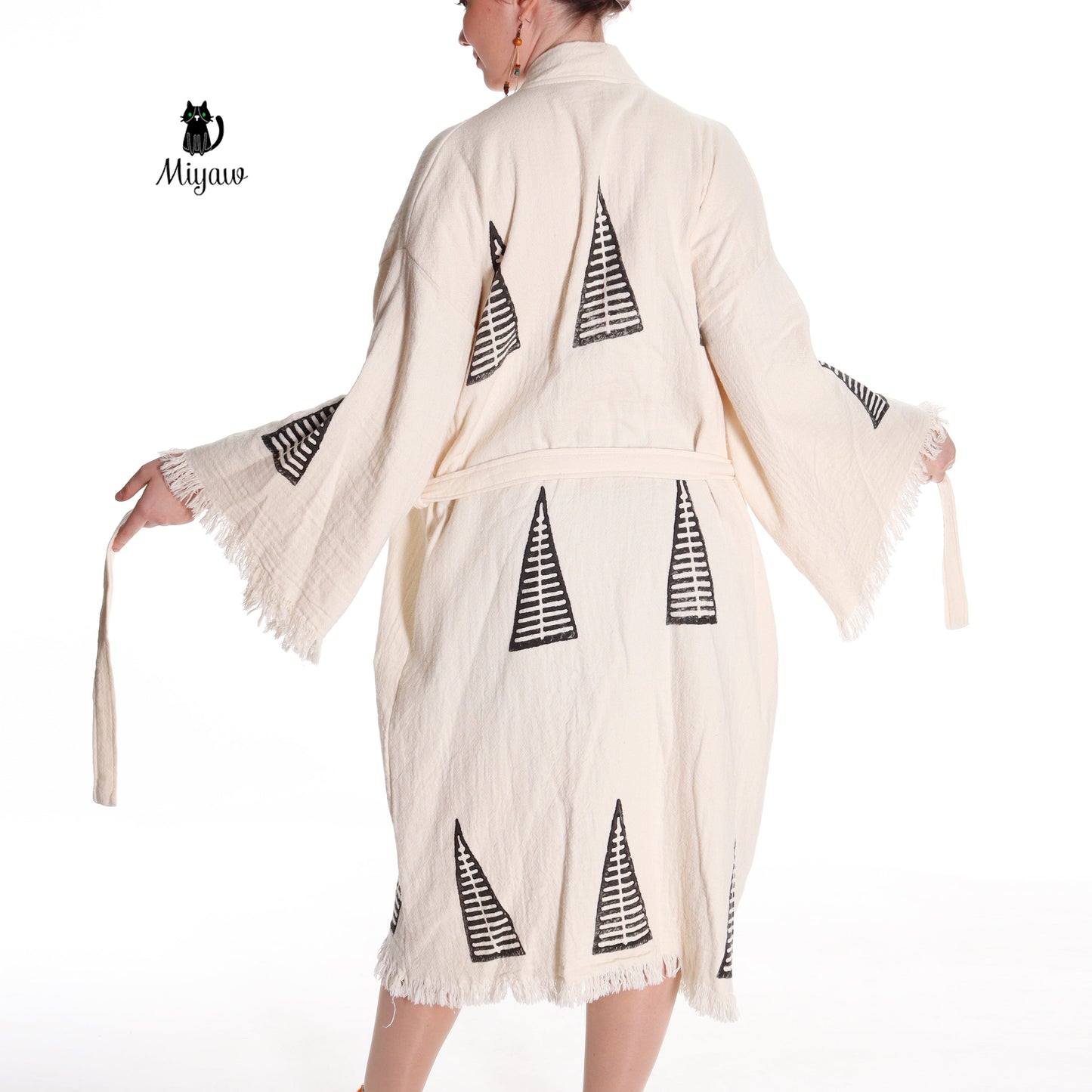 Handcrafted Organic Cotton Boho Beach Kimono Robe with Pyramid Stamp - Miyawfashion Miyawfashion