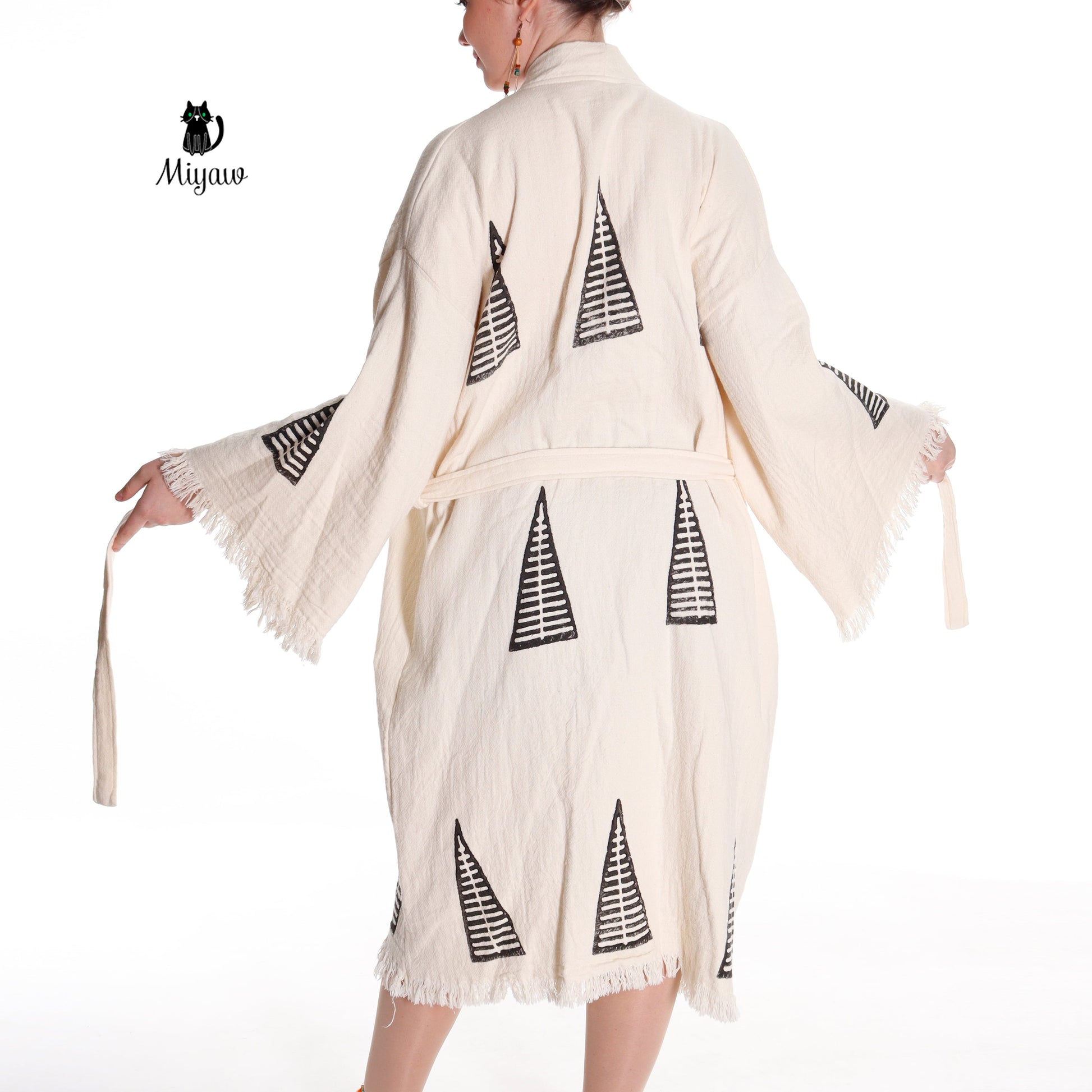 Handcrafted Organic Cotton Boho Beach Kimono Robe with Pyramid Stamp - Miyawfashion