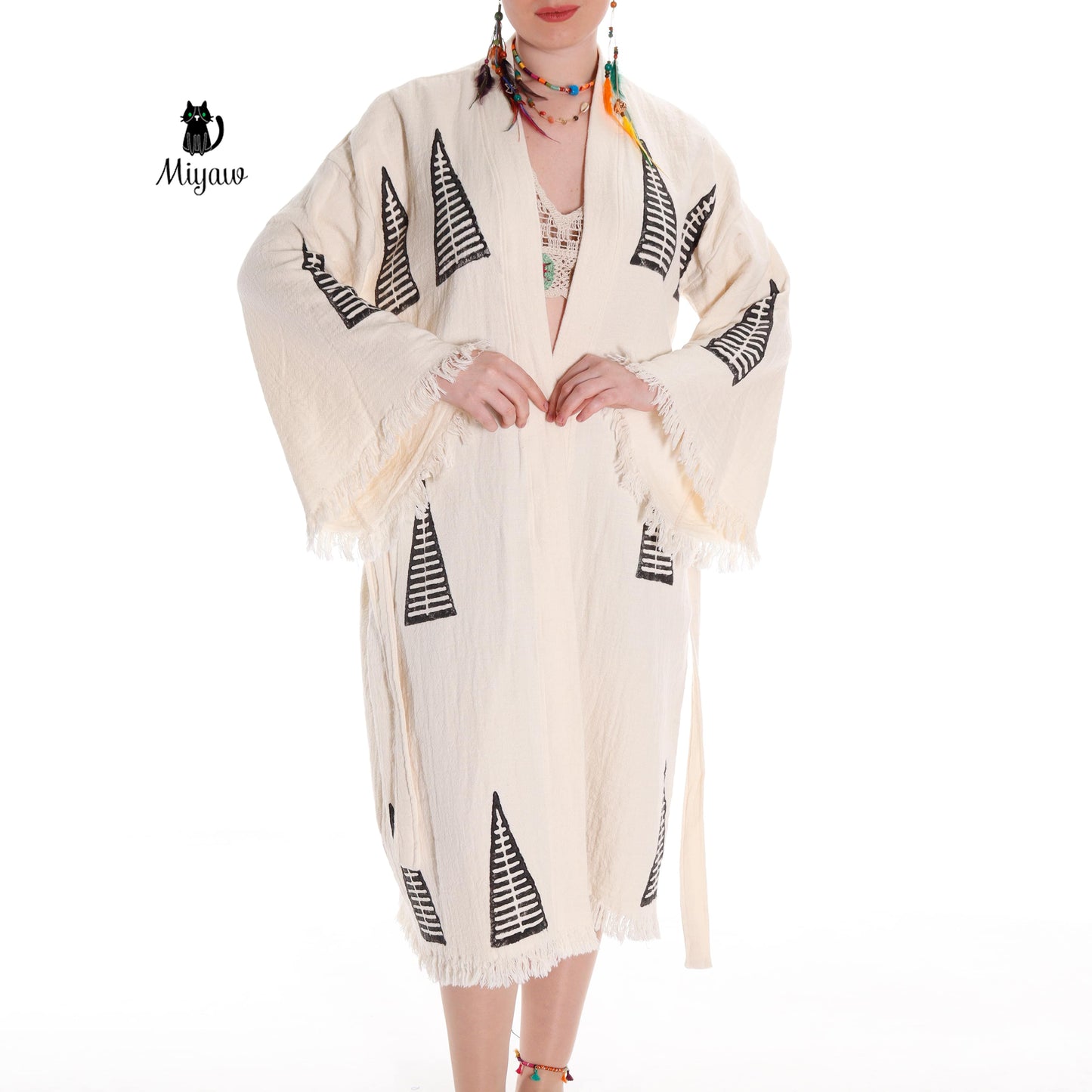 Handcrafted Organic Cotton Boho Beach Kimono Robe with Pyramid Stamp - Miyawfashion Miyawfashion