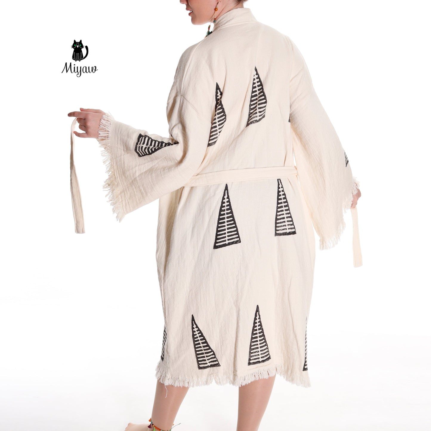 Handcrafted Organic Cotton Boho Beach Kimono Robe with Pyramid Stamp - Miyawfashion Miyawfashion