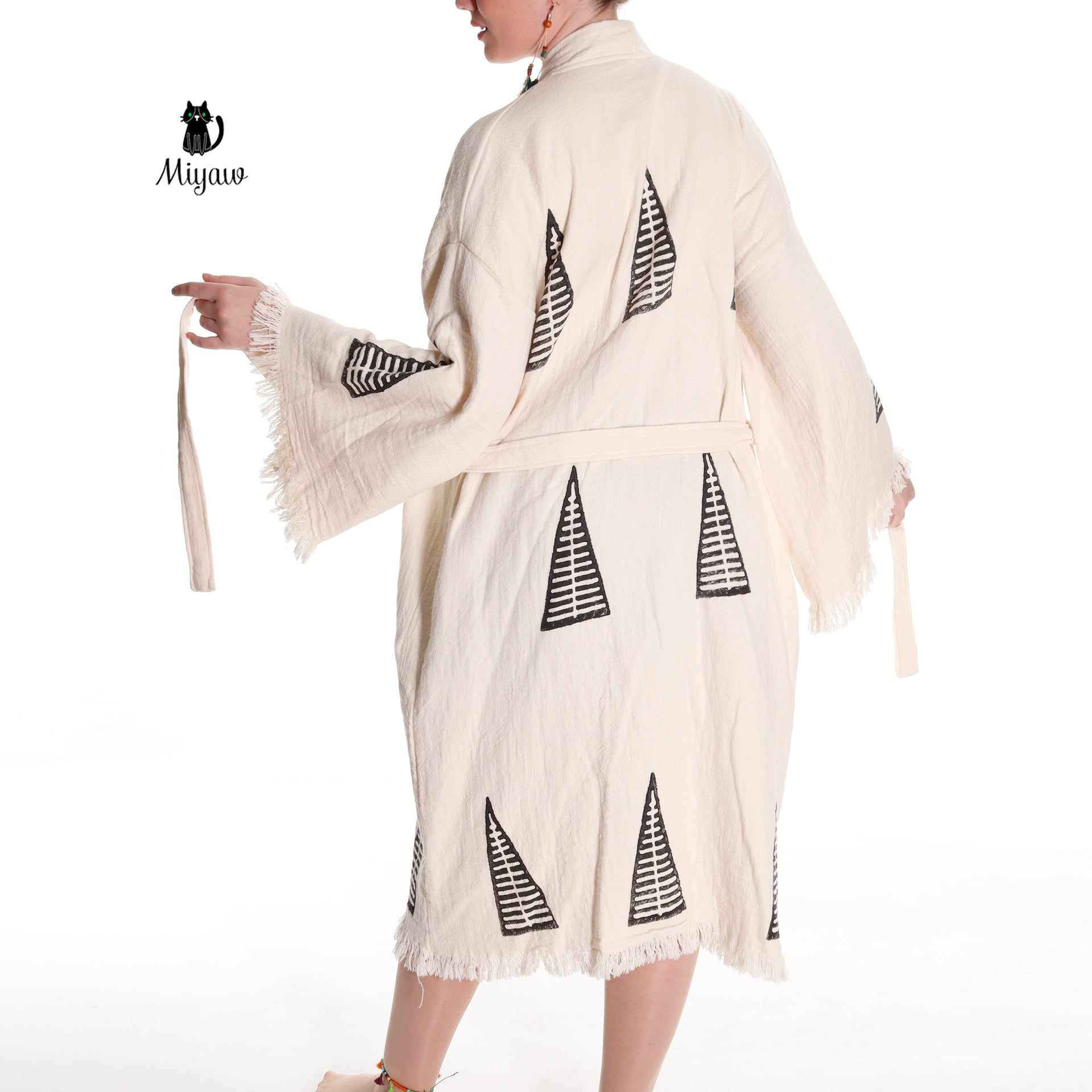 Handcrafted Organic Cotton Boho Beach Kimono Robe with Pyramid Stamp - Miyawfashion