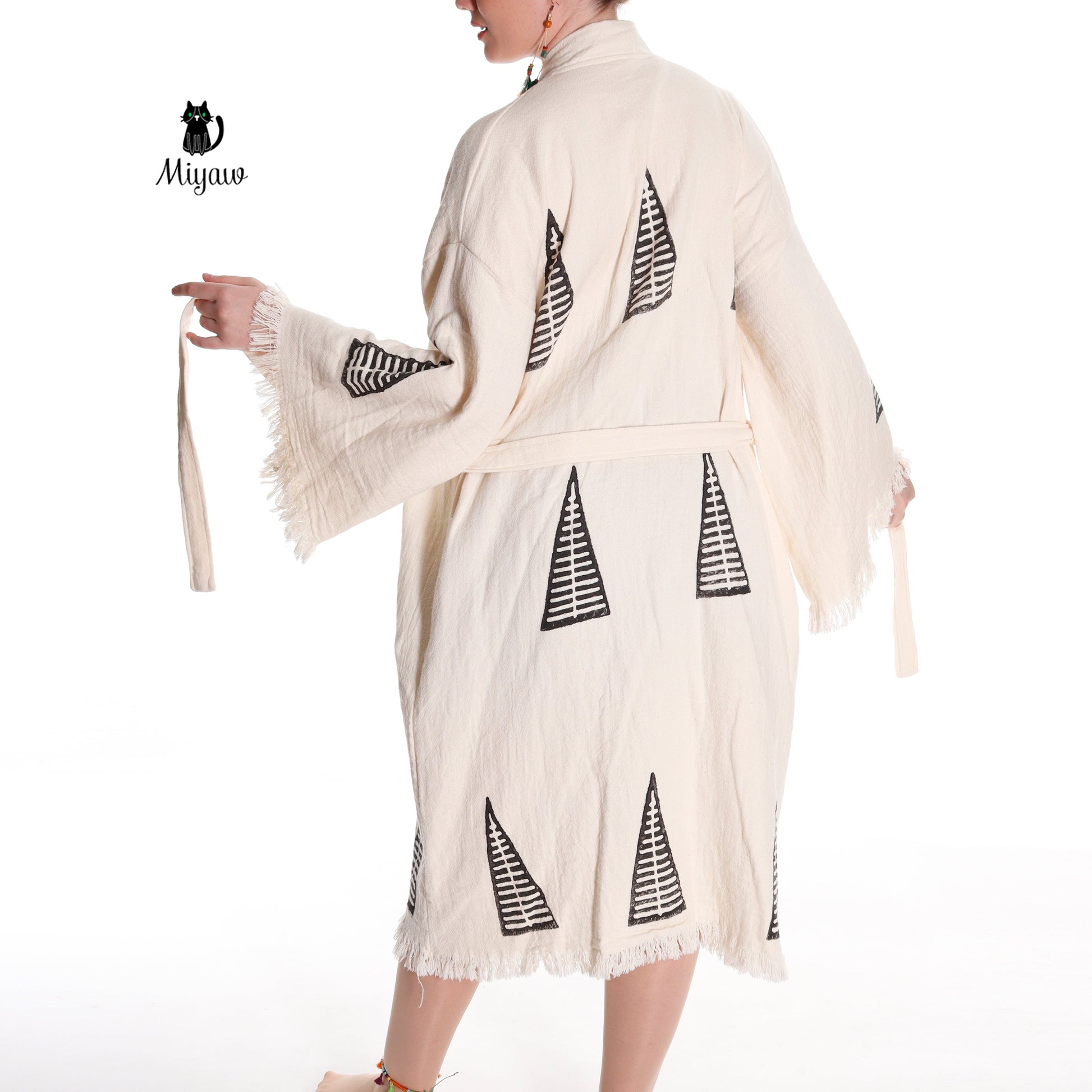 Handcrafted Organic Cotton Boho Beach Kimono Robe with Pyramid Stamp - Miyawfashion