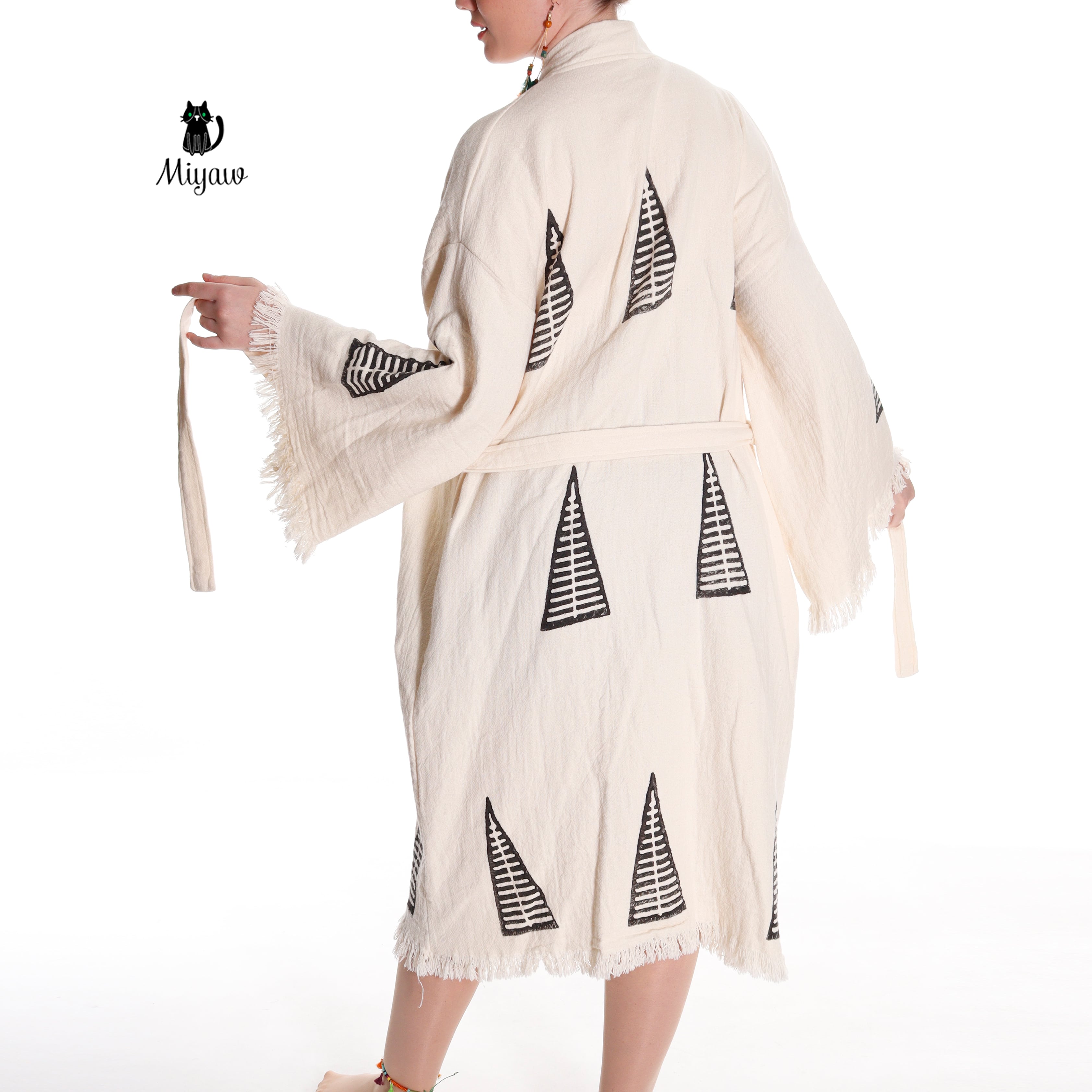 Handcrafted Organic Cotton Boho Beach Kimono Robe with Pyramid Stamp - Miyawfashion