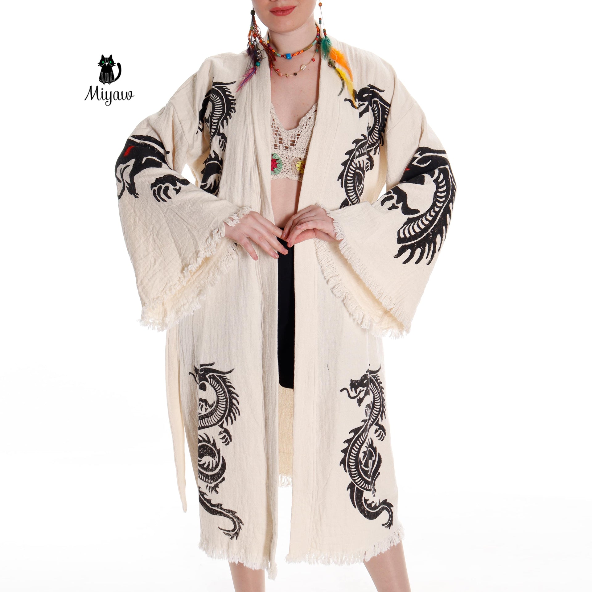 Boho Dragon Bath Robe: Handcrafted in Organic Cotton - Miyawfashion