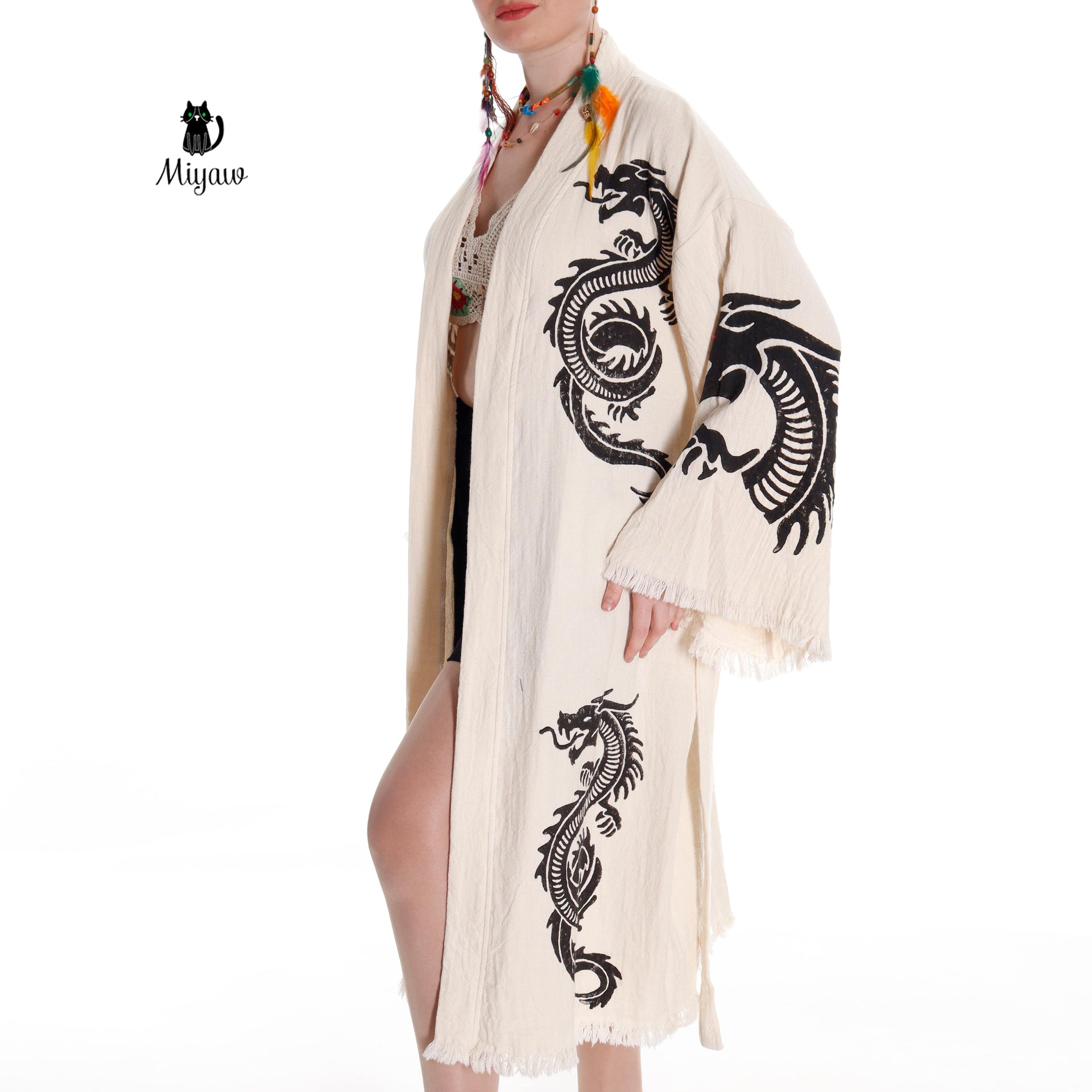 Boho Dragon Bath Robe: Handcrafted in Organic Cotton - Miyawfashion