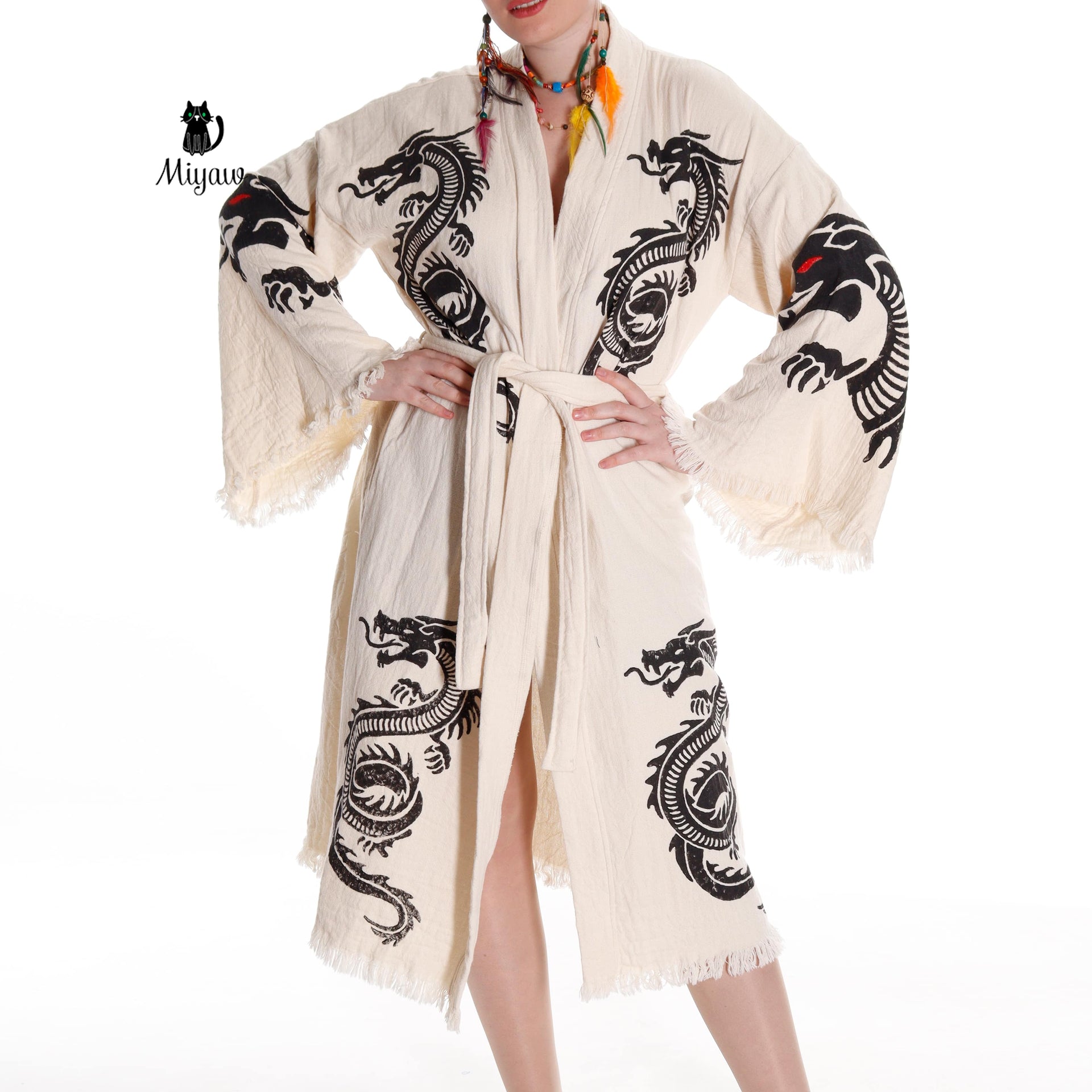 Boho Dragon Bath Robe: Handcrafted in Organic Cotton - Miyawfashion