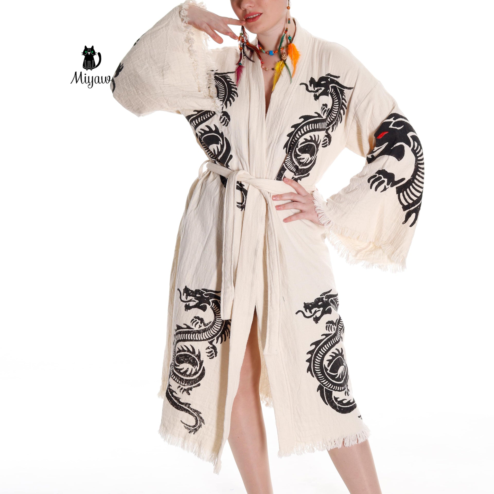 Boho Dragon Bath Robe: Handcrafted in Organic Cotton - Miyawfashion