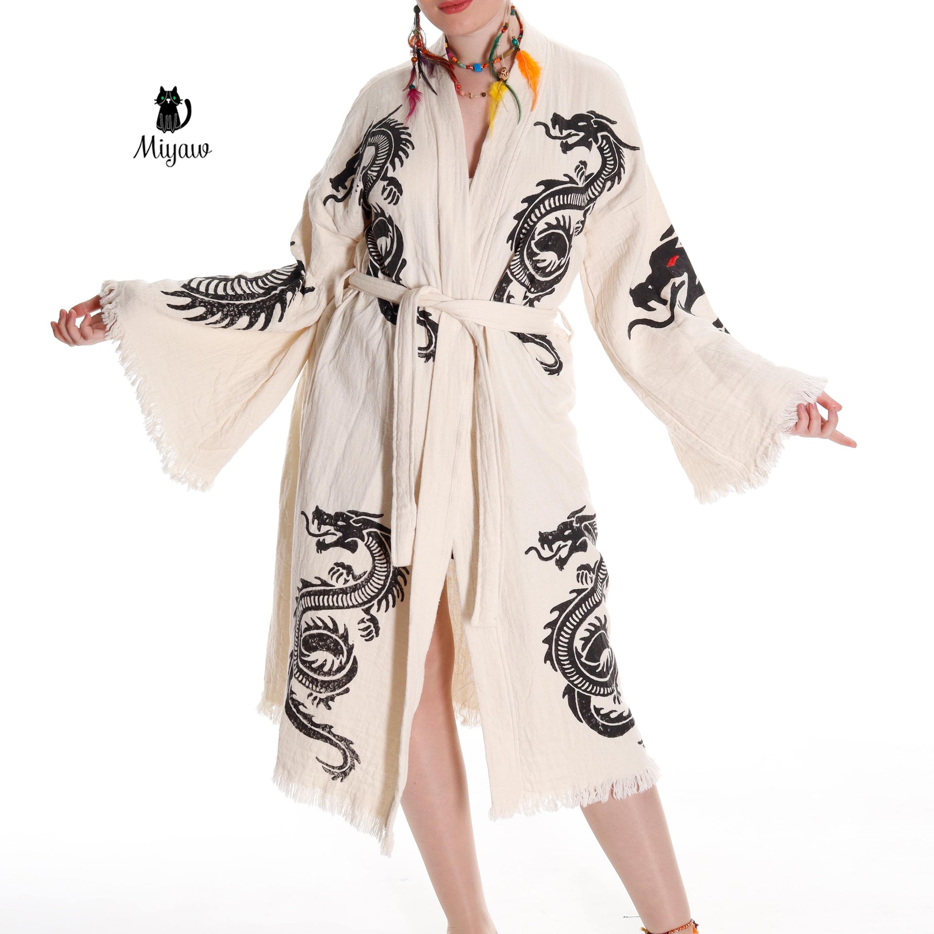 Boho Dragon Bath Robe: Handcrafted in Organic Cotton - Miyawfashion