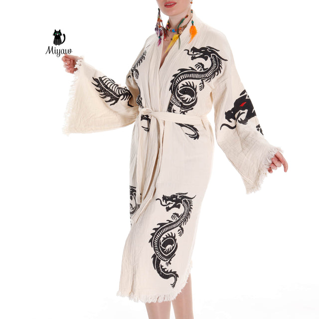 Boho Dragon Bath Robe: Handcrafted in Organic Cotton - Miyawfashion