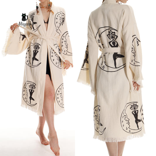 Yoga Girl Kimono: Handcrafted Beach Robe in Organic Cotton for Sustainable Morning Bliss - Miyawfashion Miyawfashion