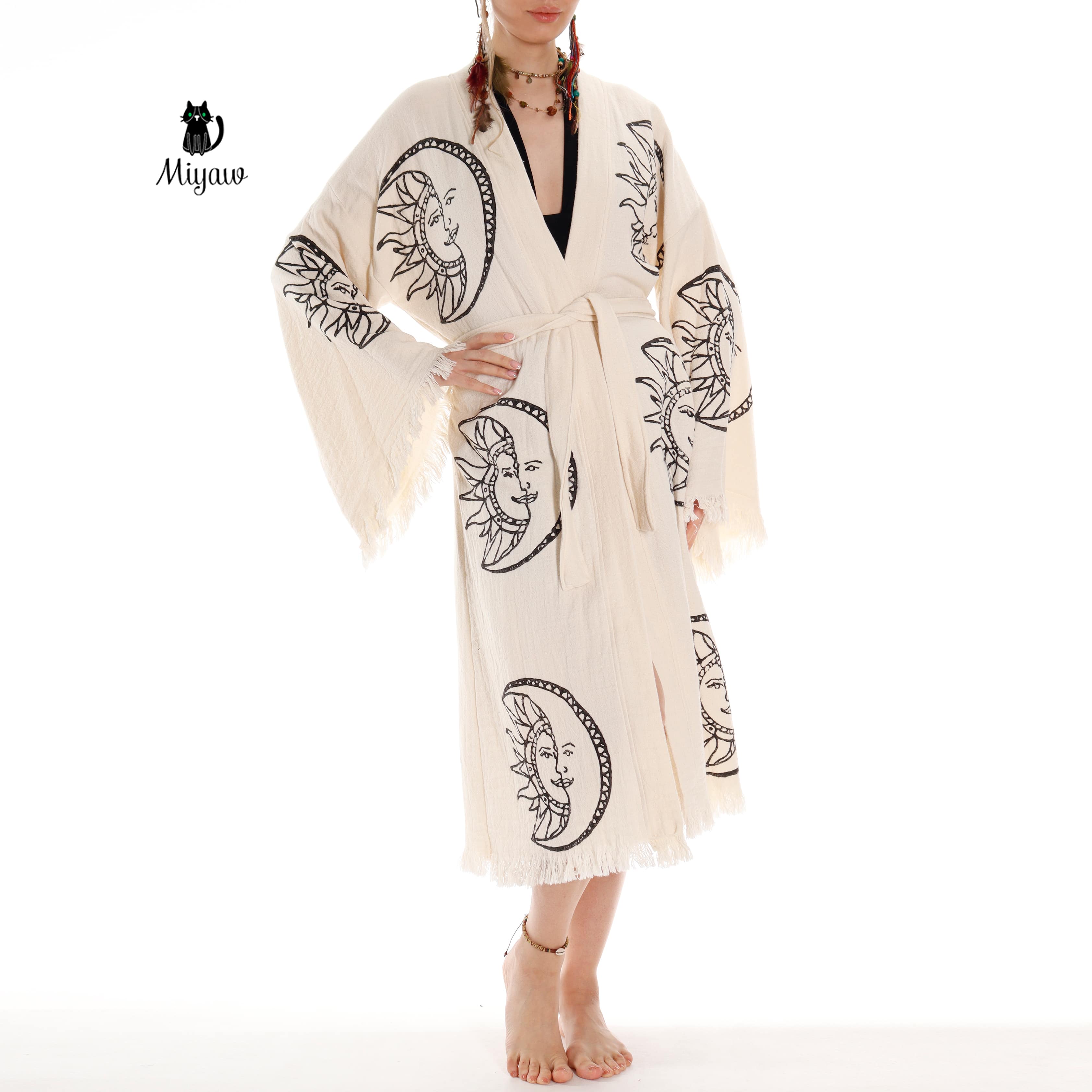 Boho Moon and Sun Print Organic Cotton Kimono Robe for Beach Days - Miyawfashion