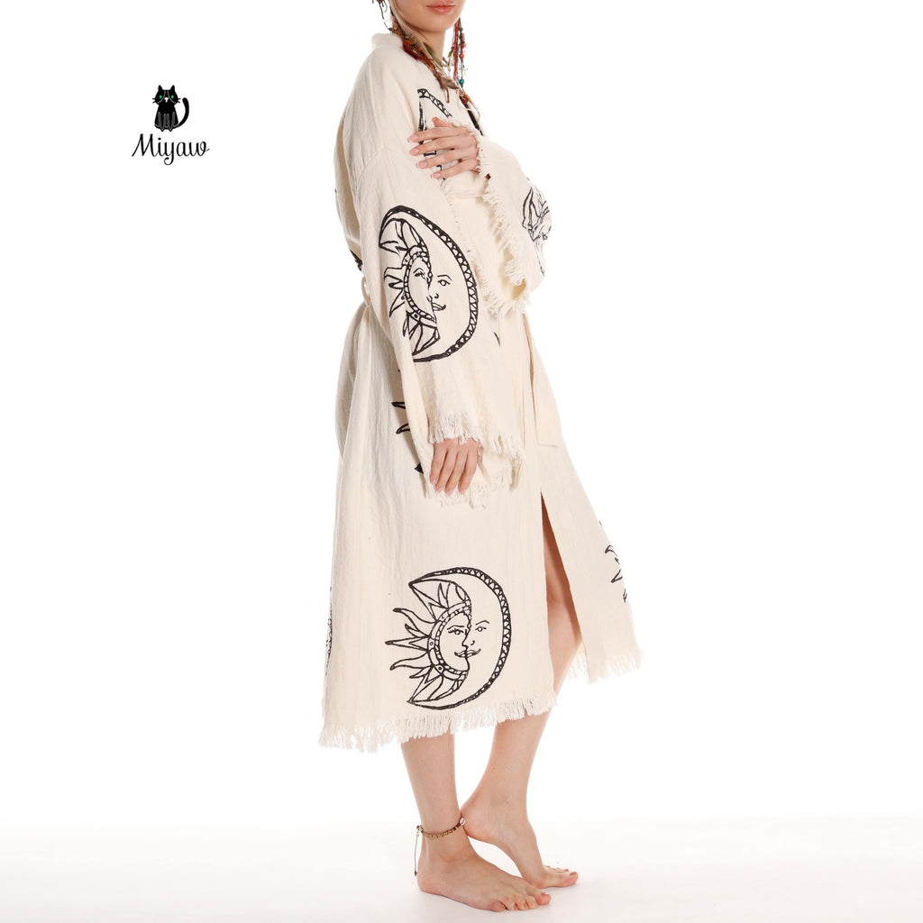 Boho Moon and Sun Print Organic Cotton Kimono Robe for Beach Days - Miyawfashion