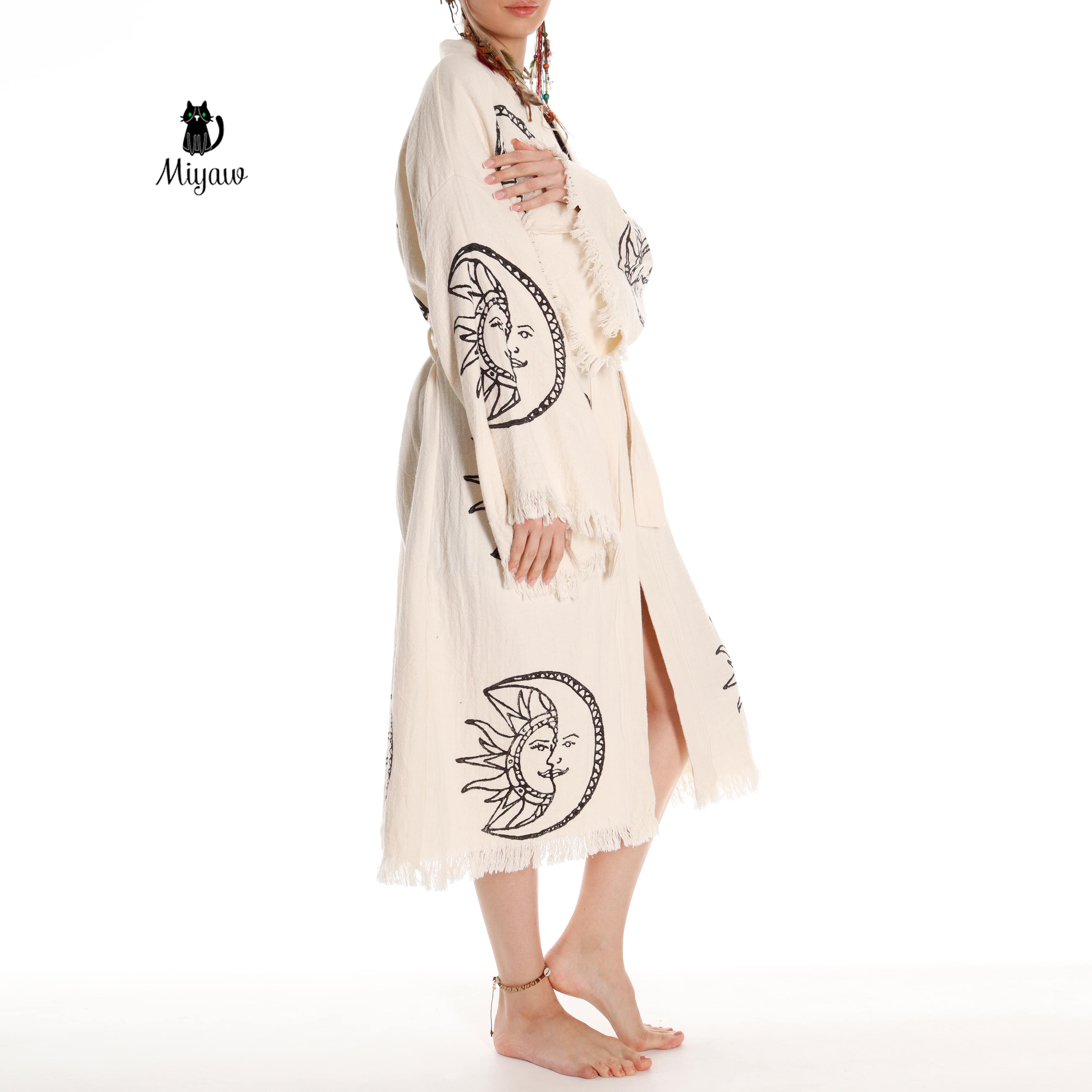 Boho Moon and Sun Print Organic Cotton Kimono Robe for Beach Days - Miyawfashion
